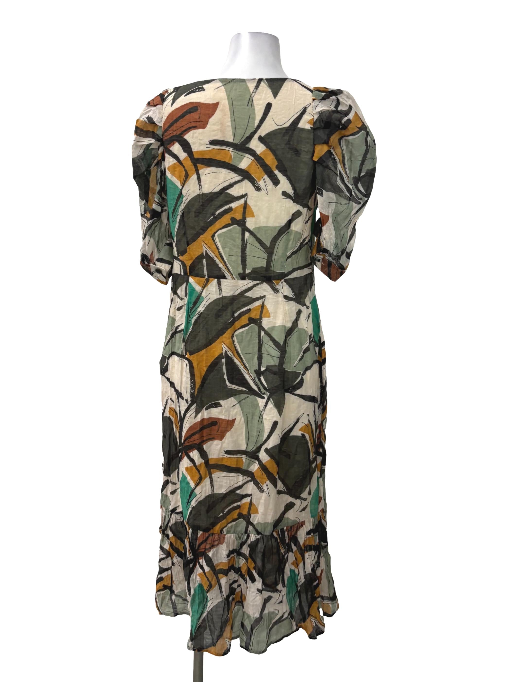 Beige Square Neck Abstract Midi Dress