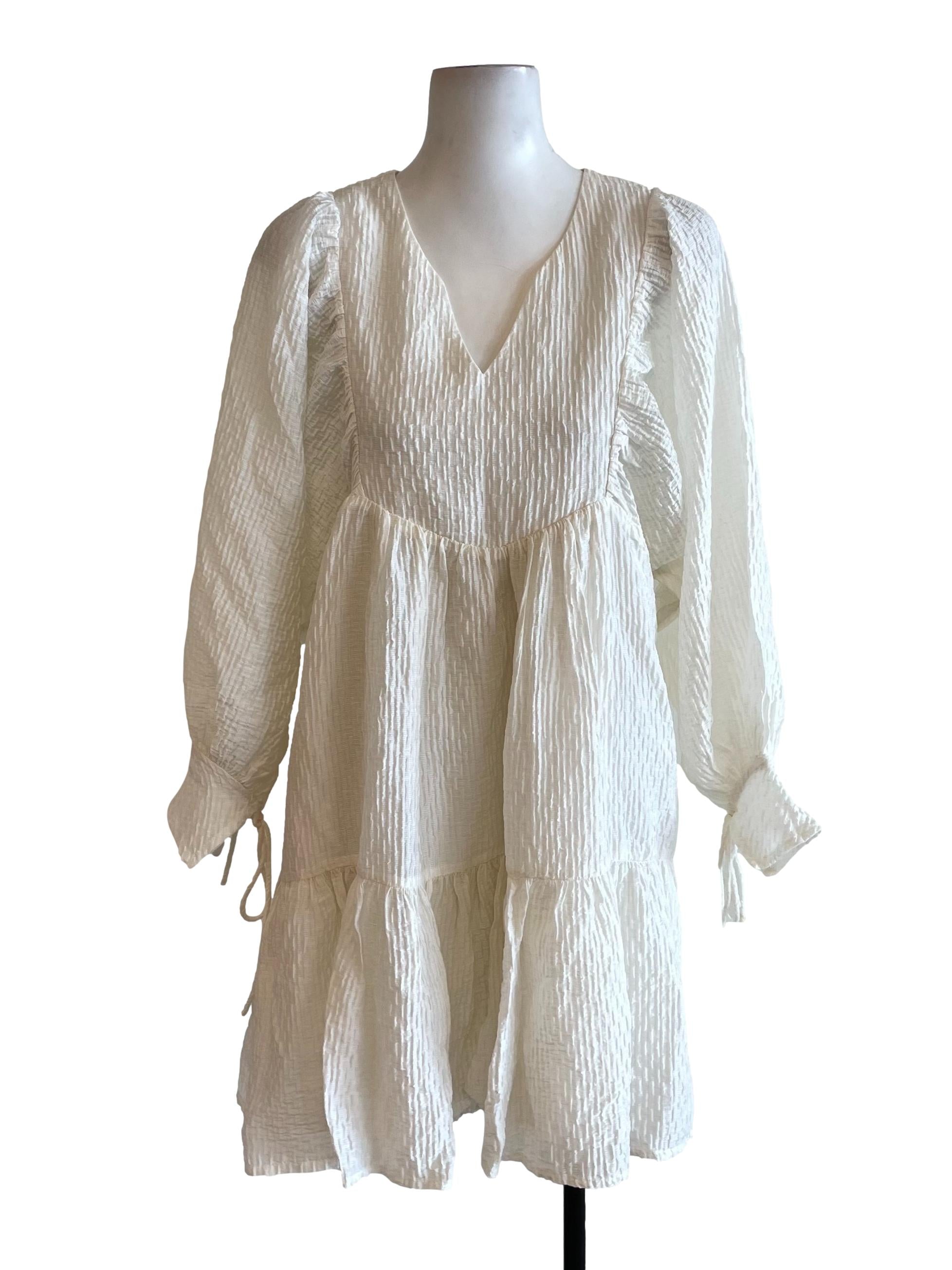 Off White Puffy V Neck Dress