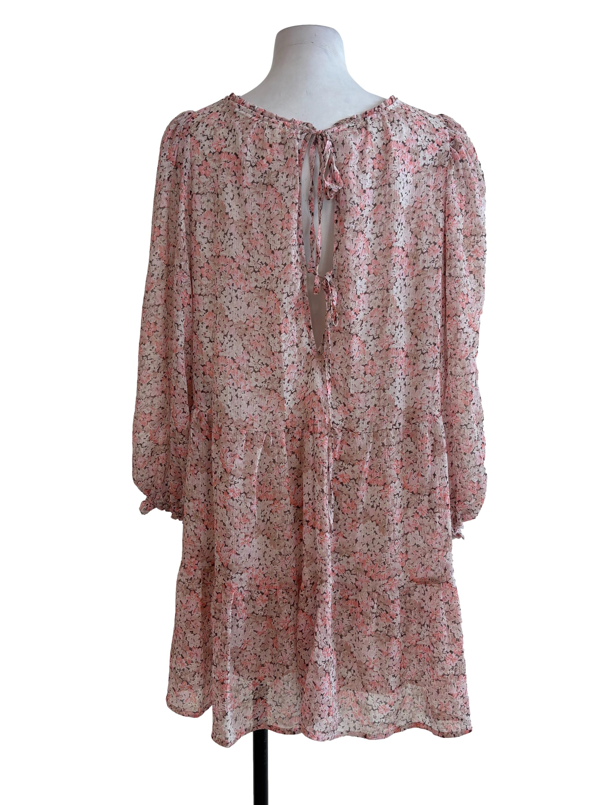 Brown Pink Floral Sheer Dress