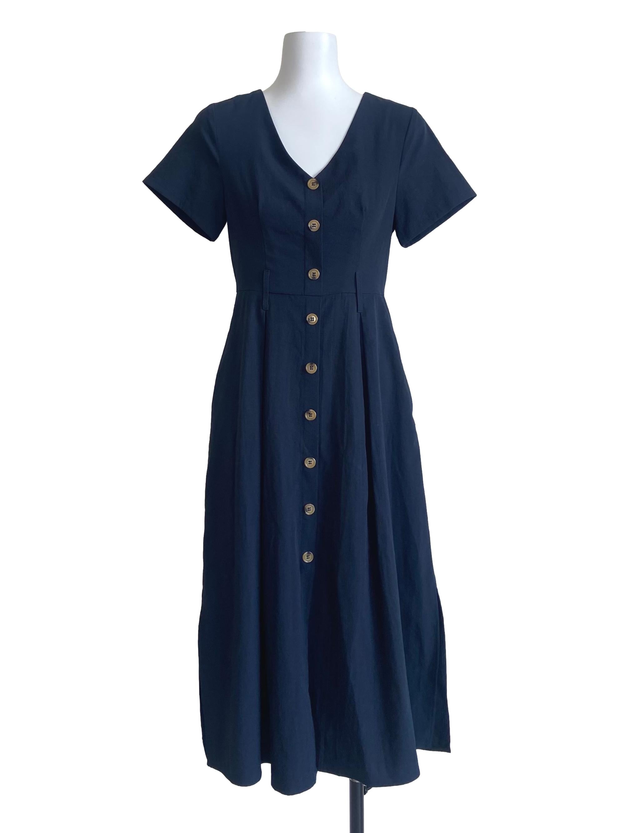 Navy Blue V Neck Slit Shift Dress