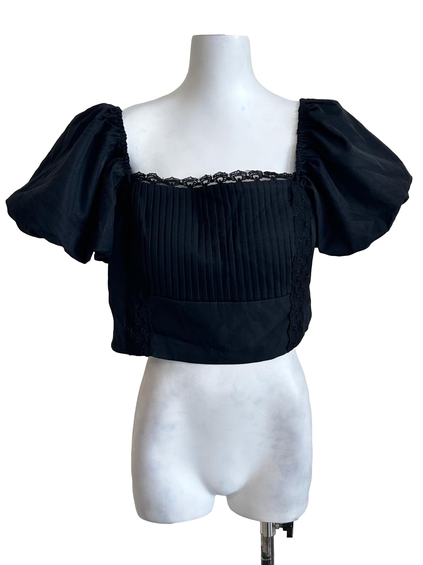 Black Pleated Lace Crop Top