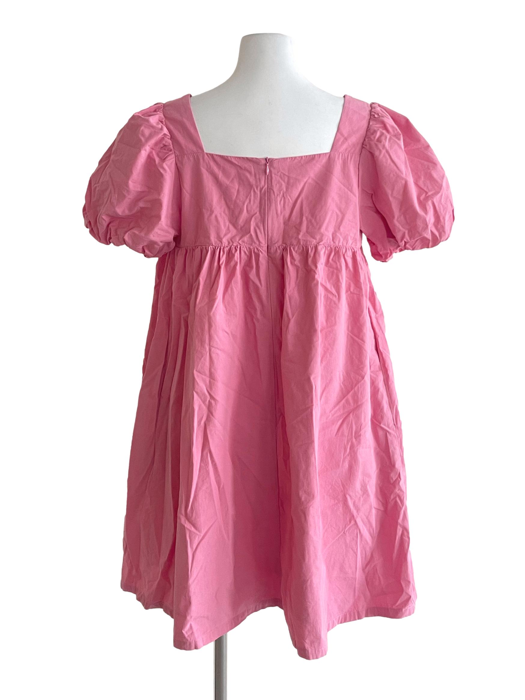 Pink Square Neck Puff Sleeve Babydoll Dress