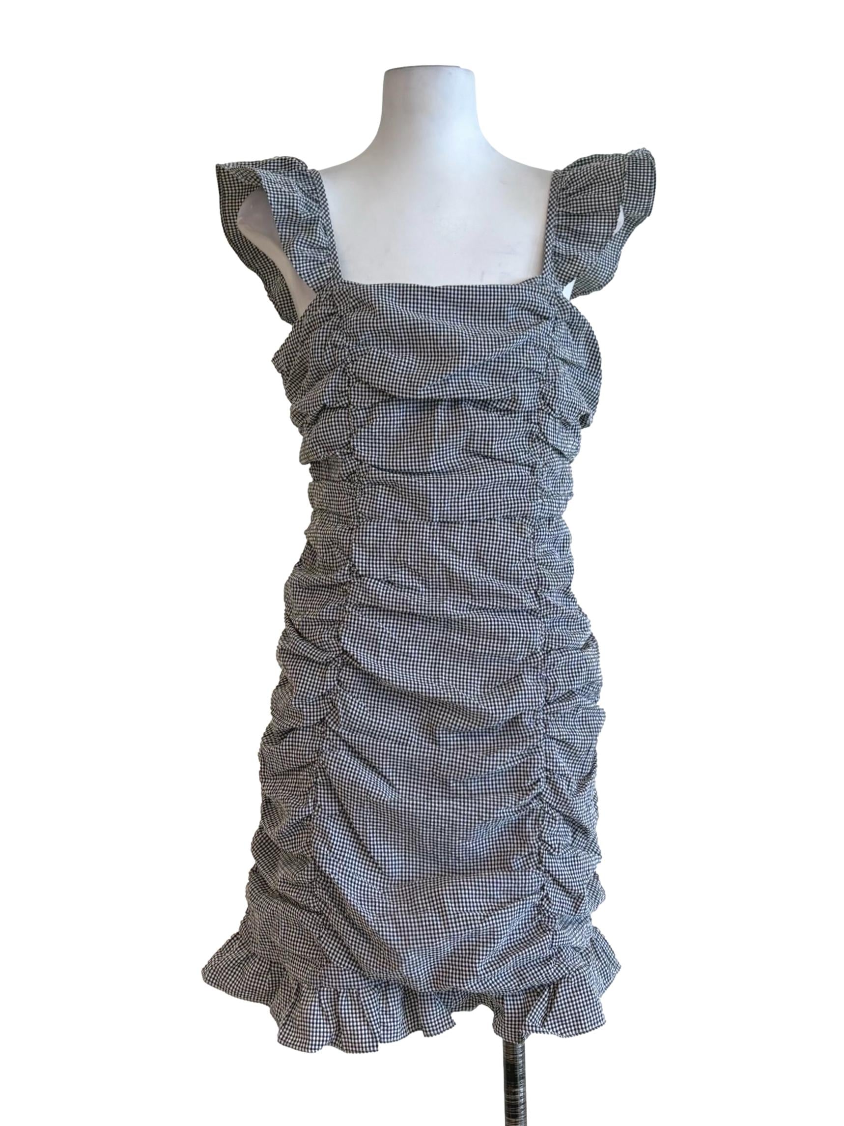 Ebony Black Plaid Ruched Puff Sleeve Dress