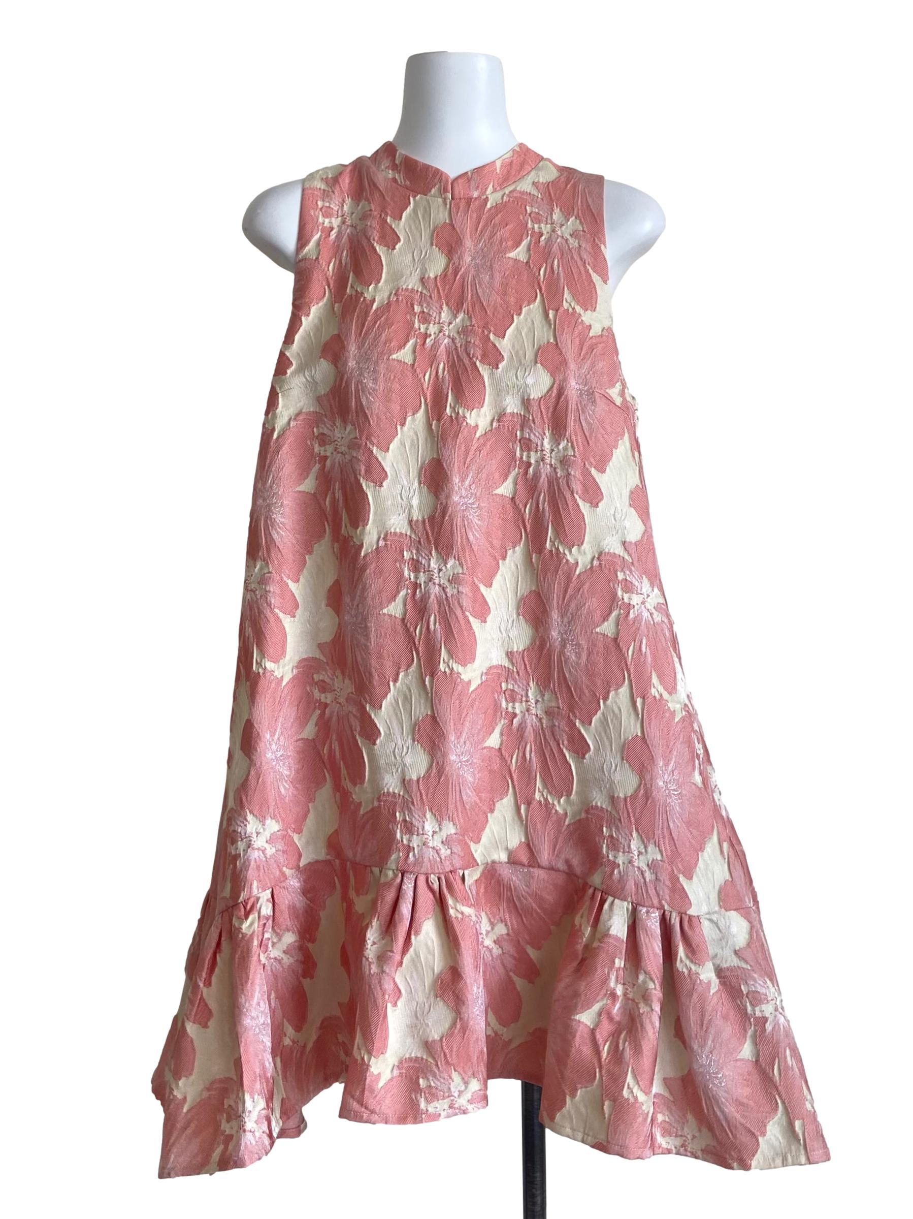 Egg Shell & Pink Floral Sleeveless A-Line Dress