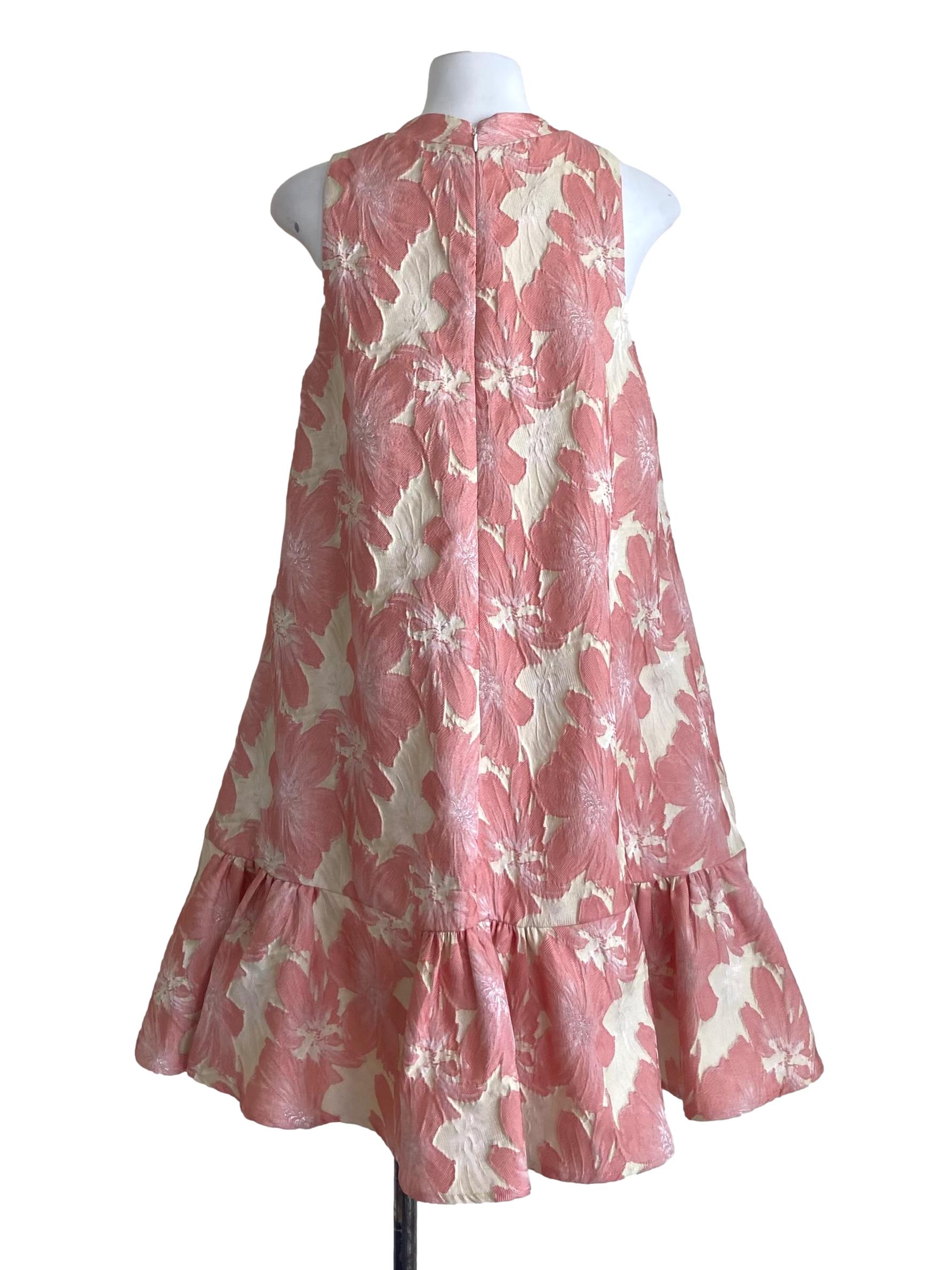 Egg Shell & Pink Floral Sleeveless A-Line Dress