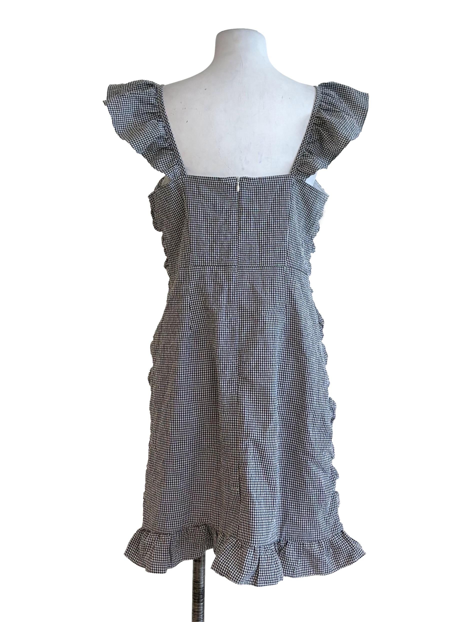 Ebony Black Plaid Ruched Puff Sleeve Dress