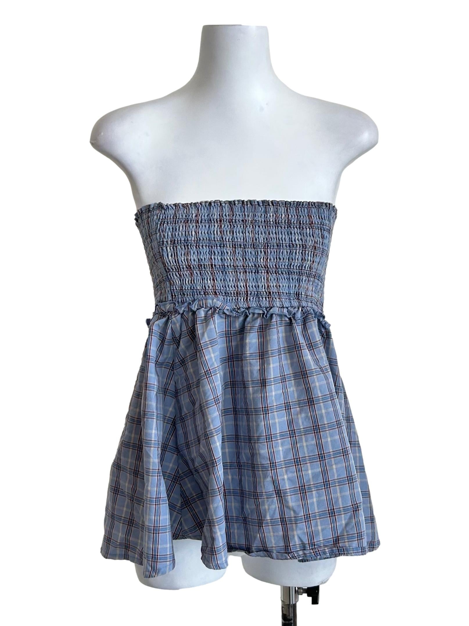 Blue Plaid Smocked Tube Top