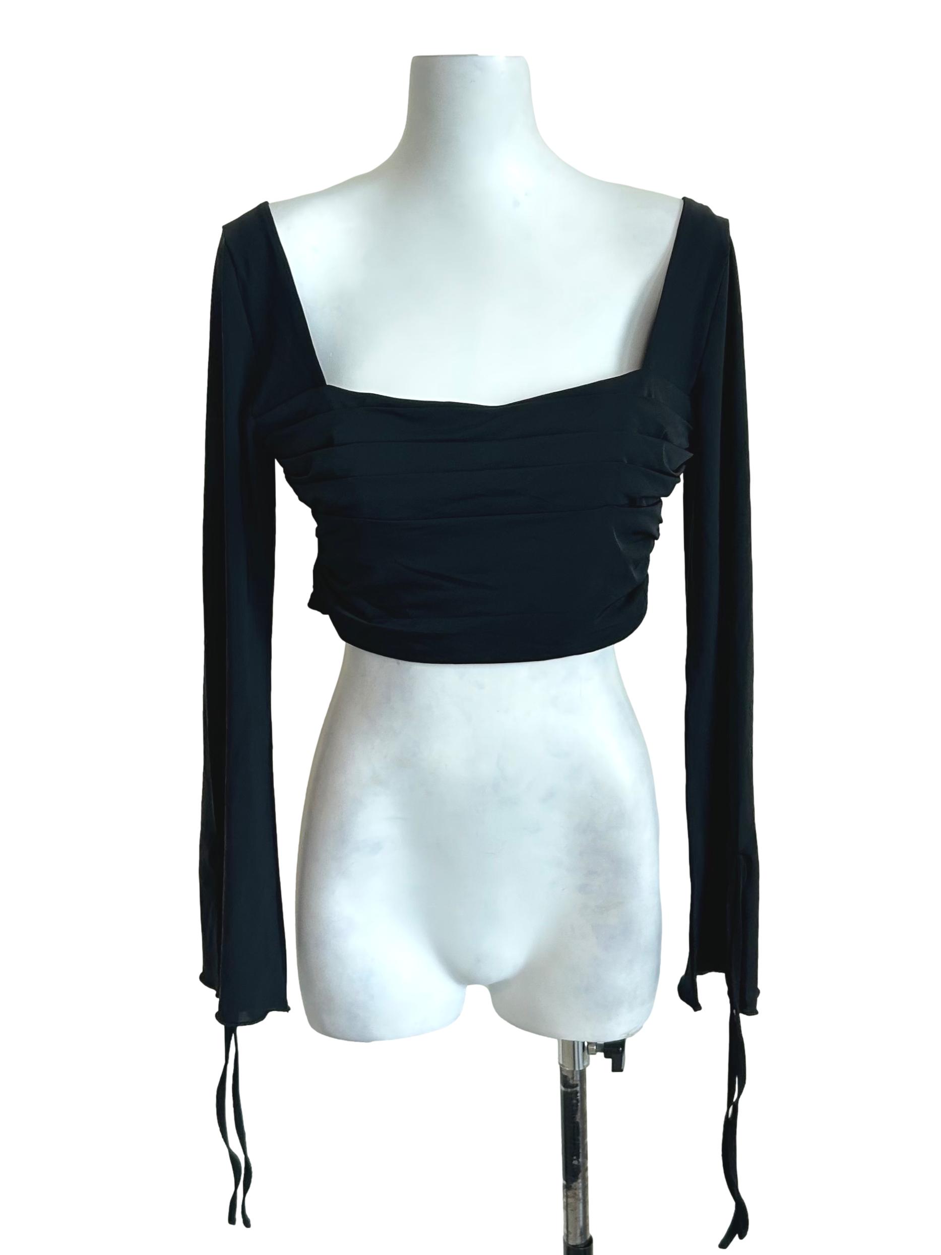 Black Ruched Long Sleeve Crop Top