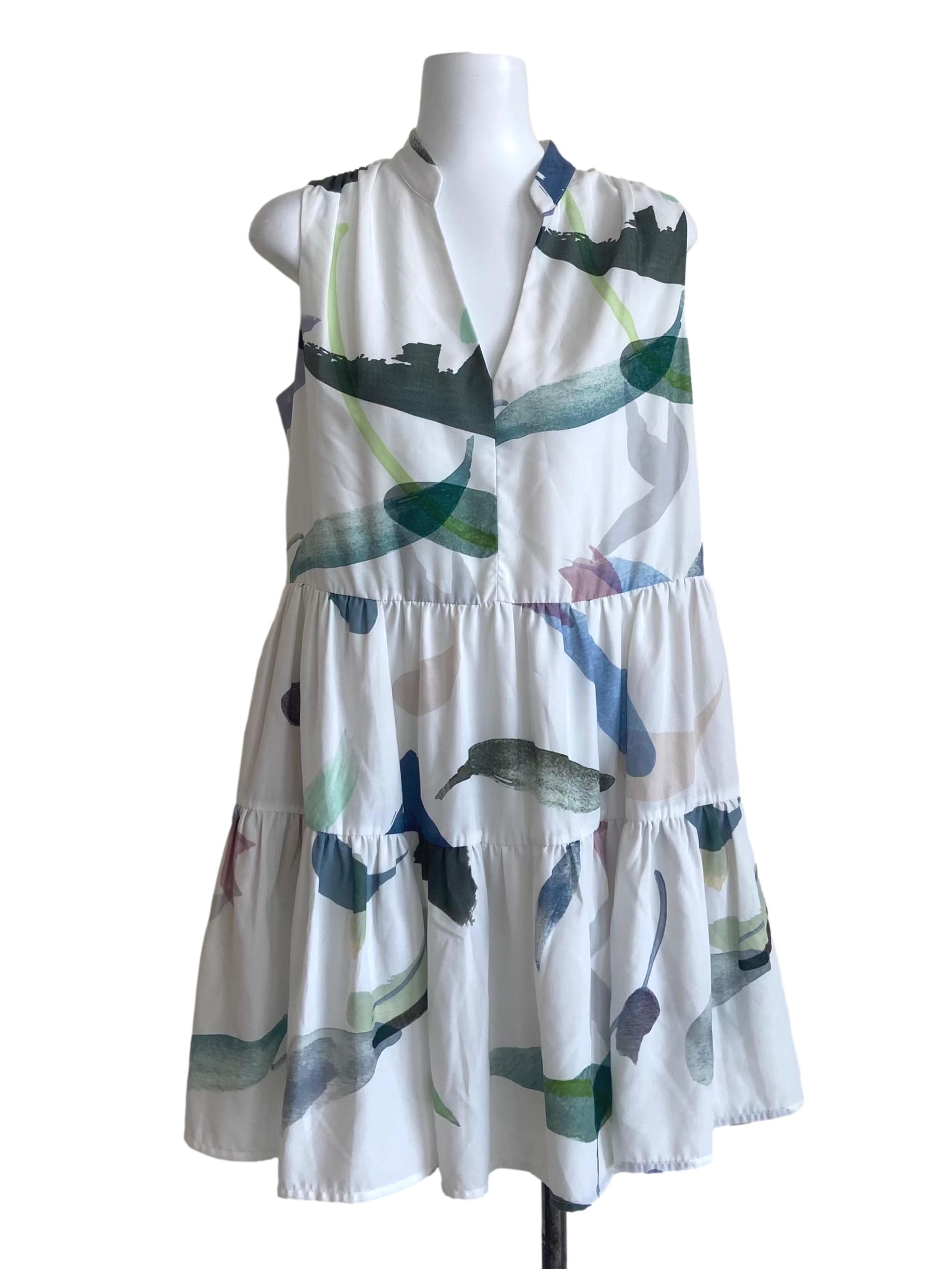 White & Green Sleeveless Layered Dress