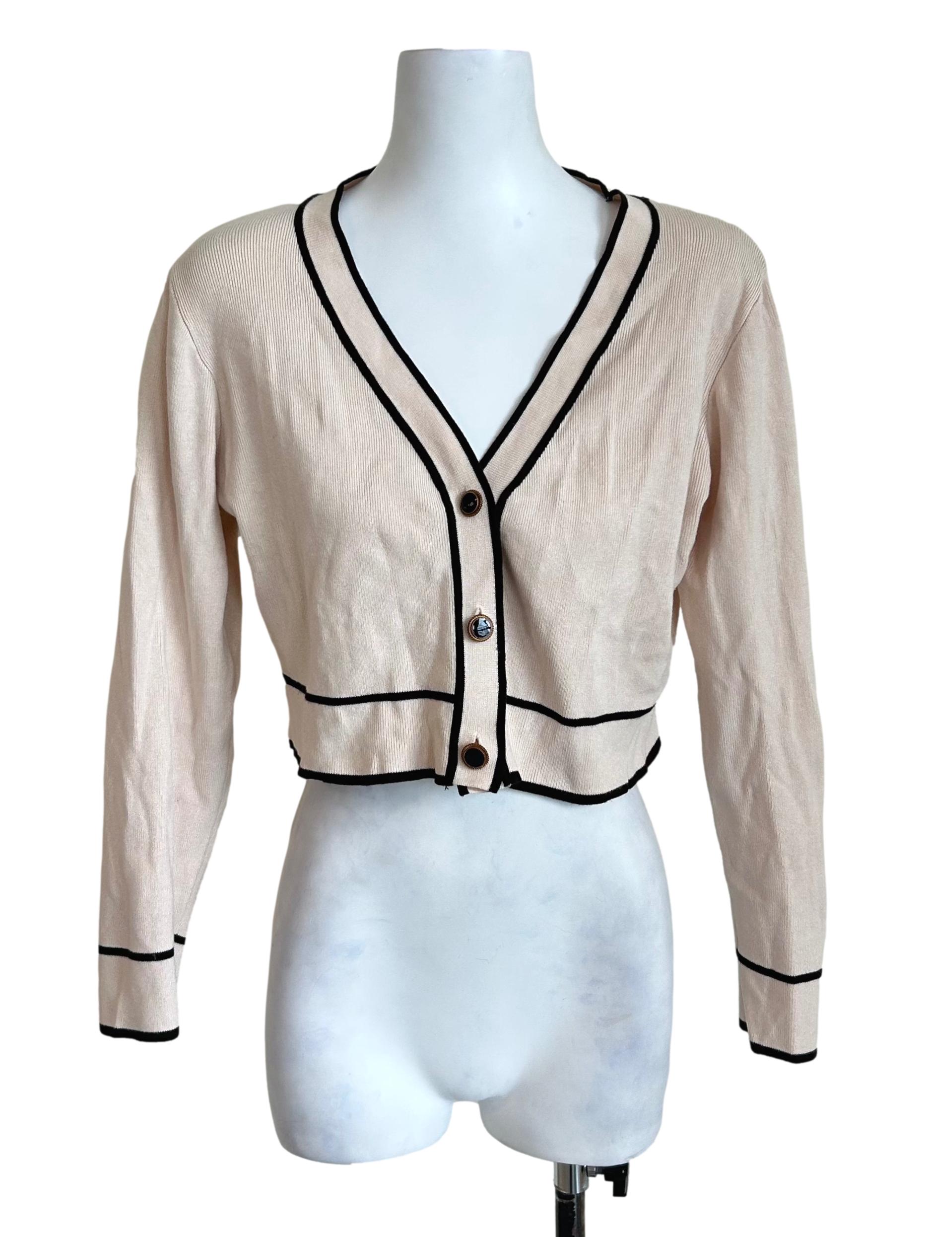 Beige Black Trim Crop Cardigan