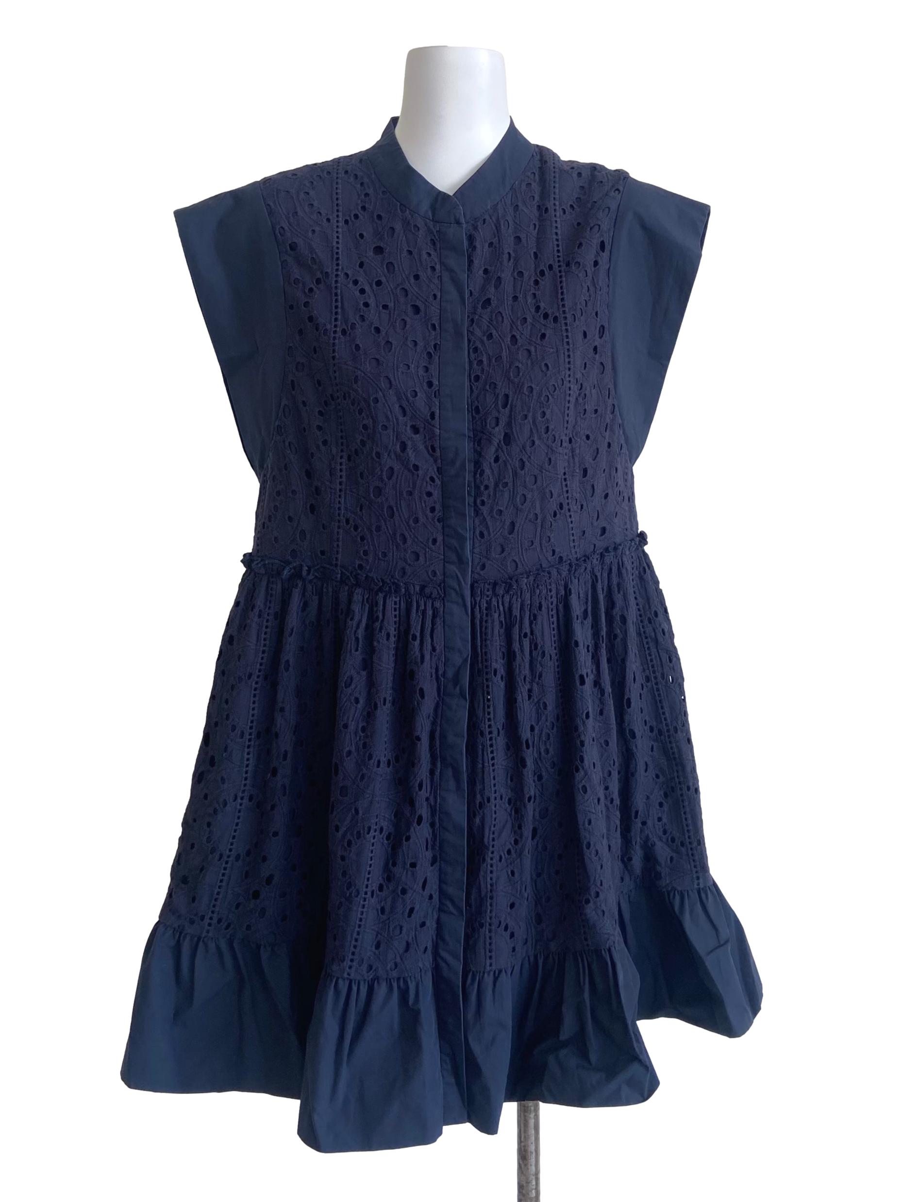 Navy Blue Embroidery Button Down Shirt Dress