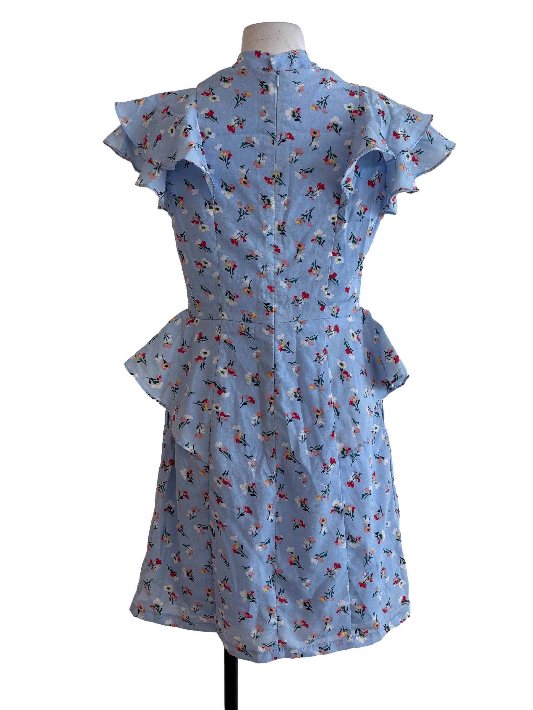 Blue Floral Detachable Cheongsam Collar Peplum Dress