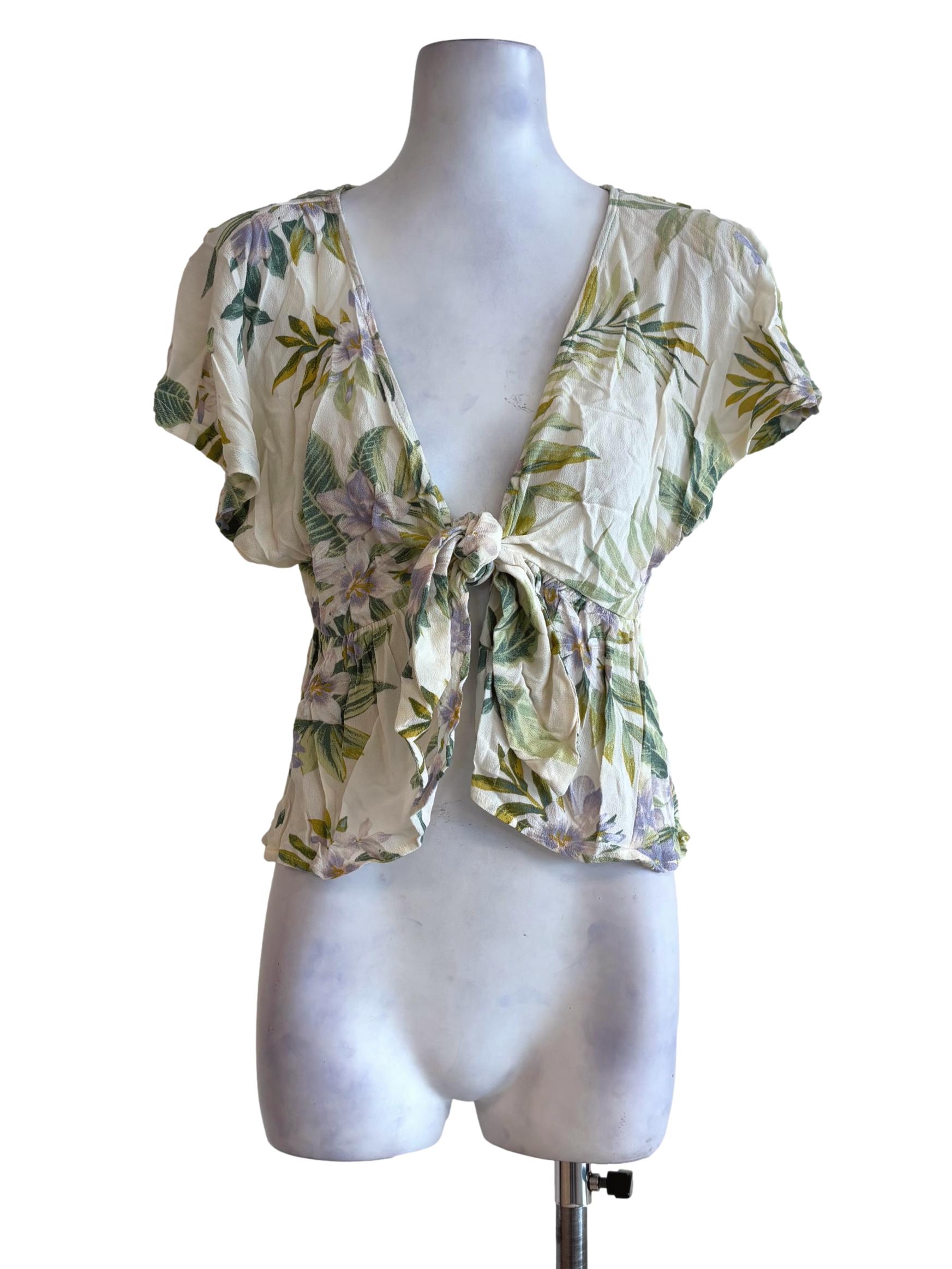 Cornsilk Floral Front Tie Crop Top