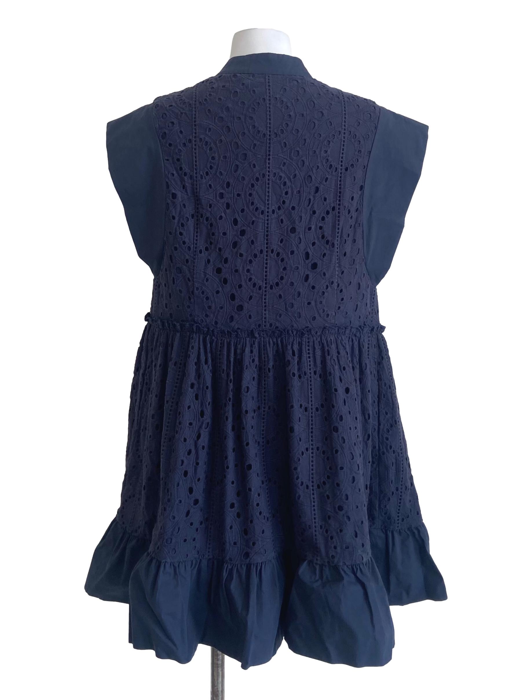 Navy Blue Embroidery Button Down Shirt Dress