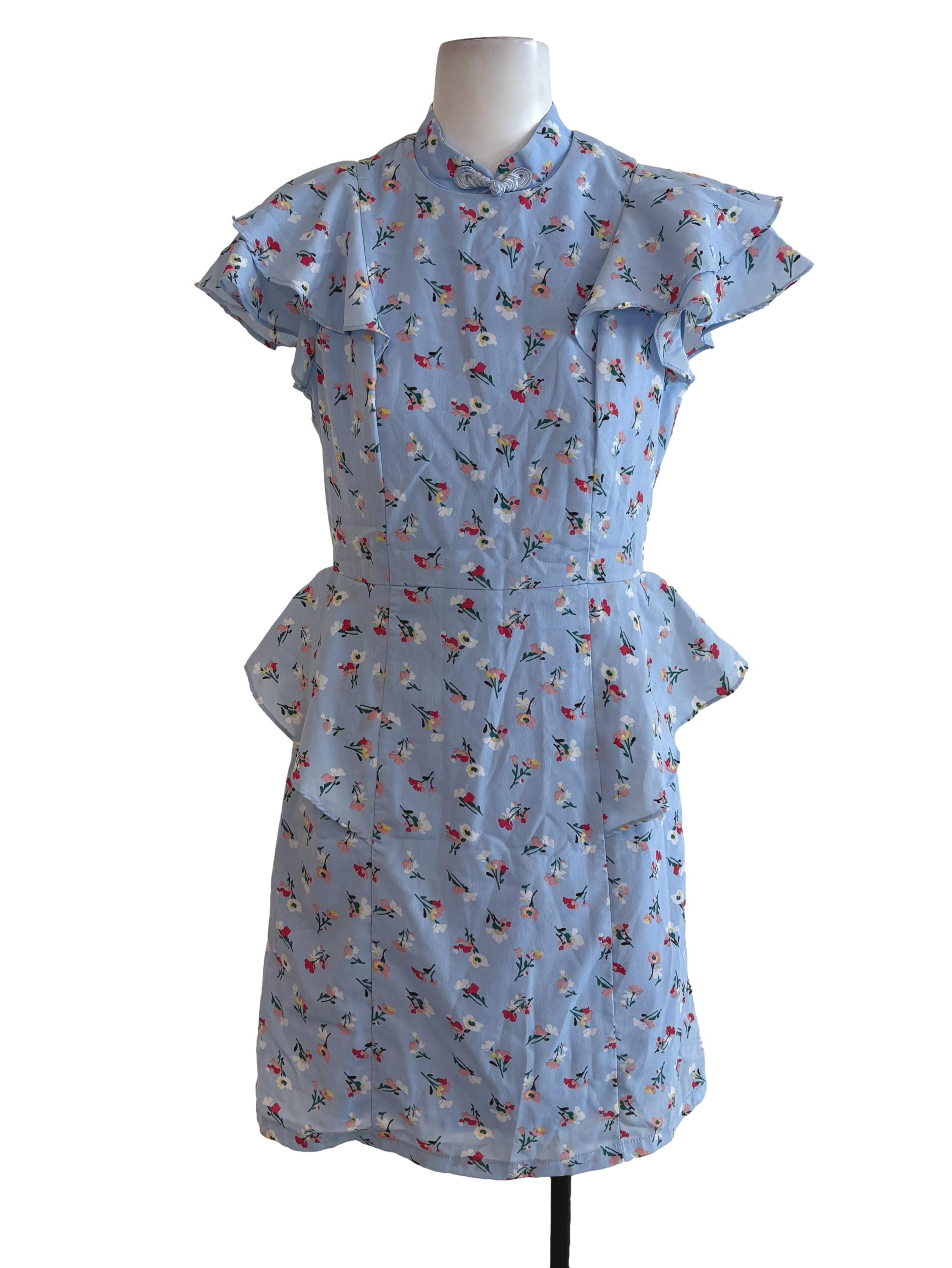 Blue Floral Detachable Cheongsam Collar Peplum Dress