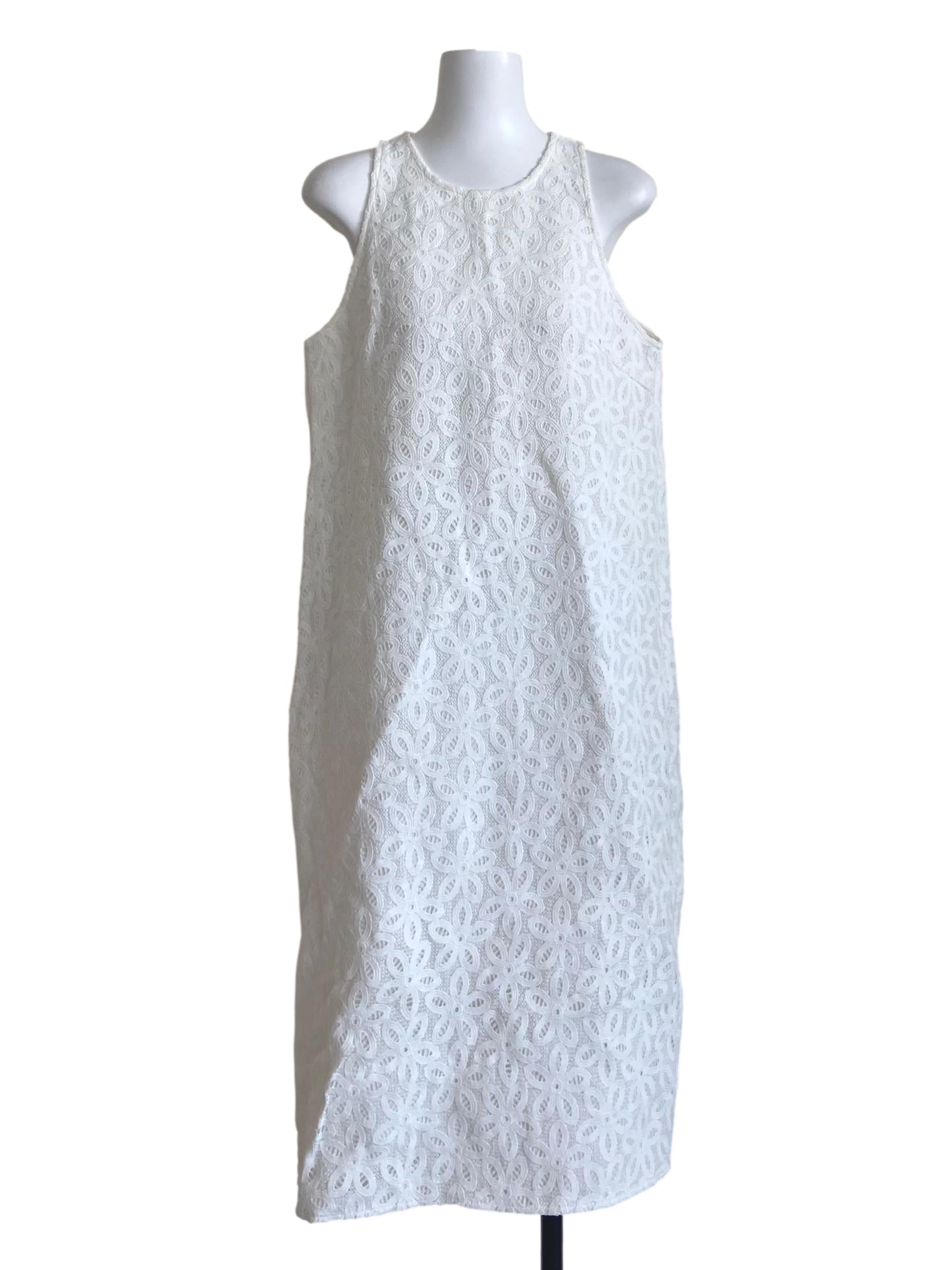 White Sleeveless Floral Lace Slit Dress