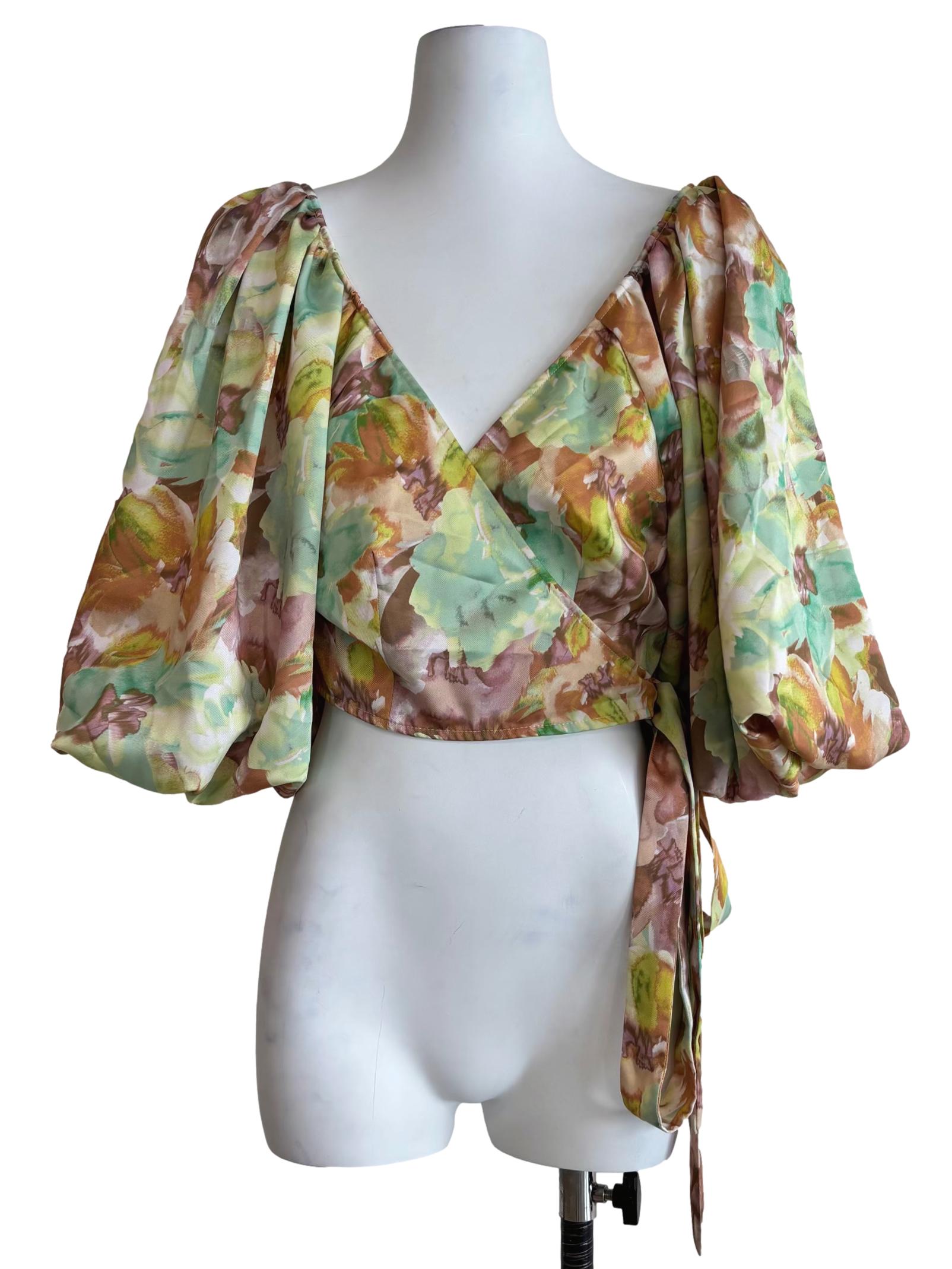 Chartreuse Green And Brown Patterned Wrap Top