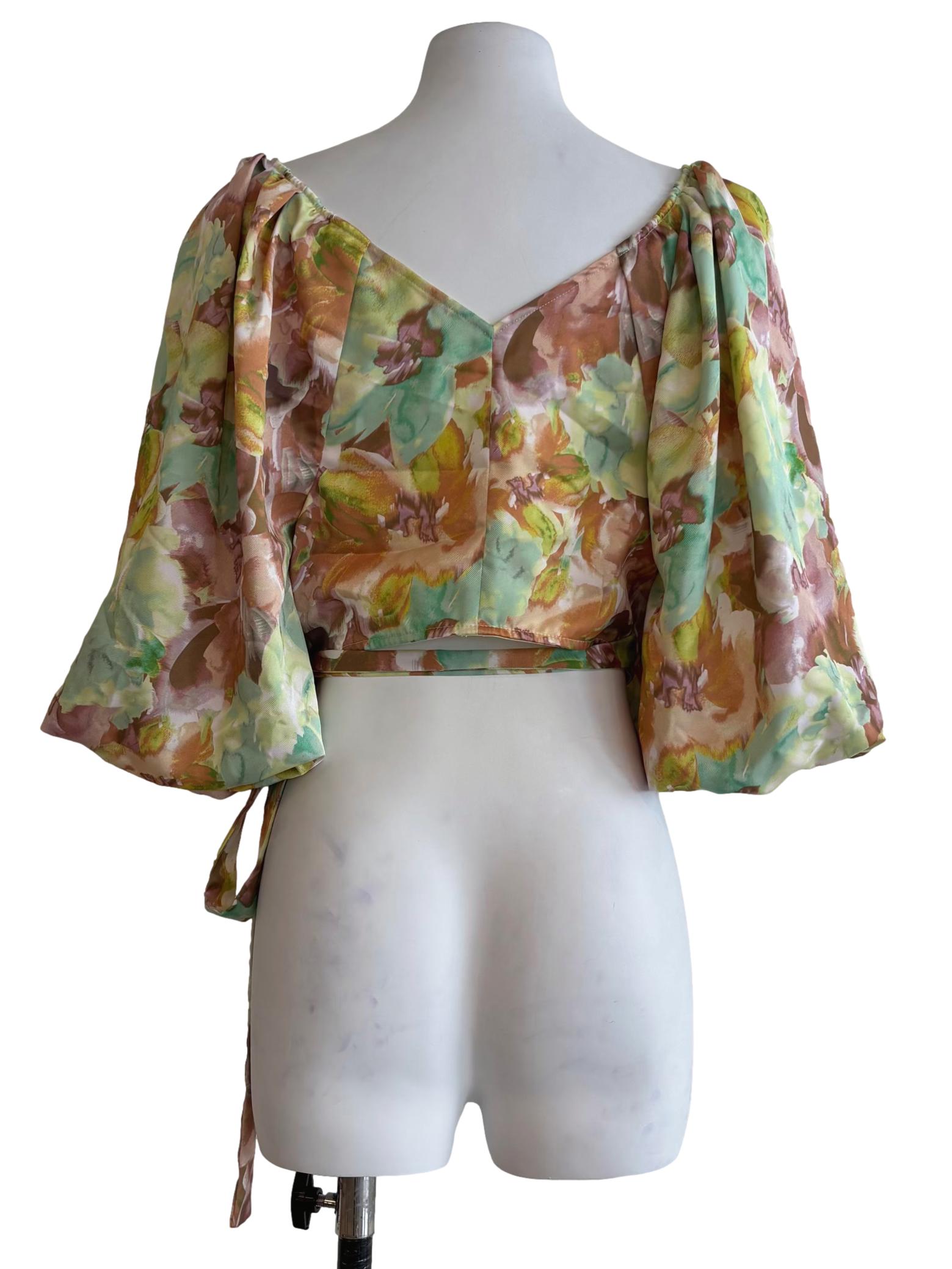 Chartreuse Green And Brown Patterned Wrap Top