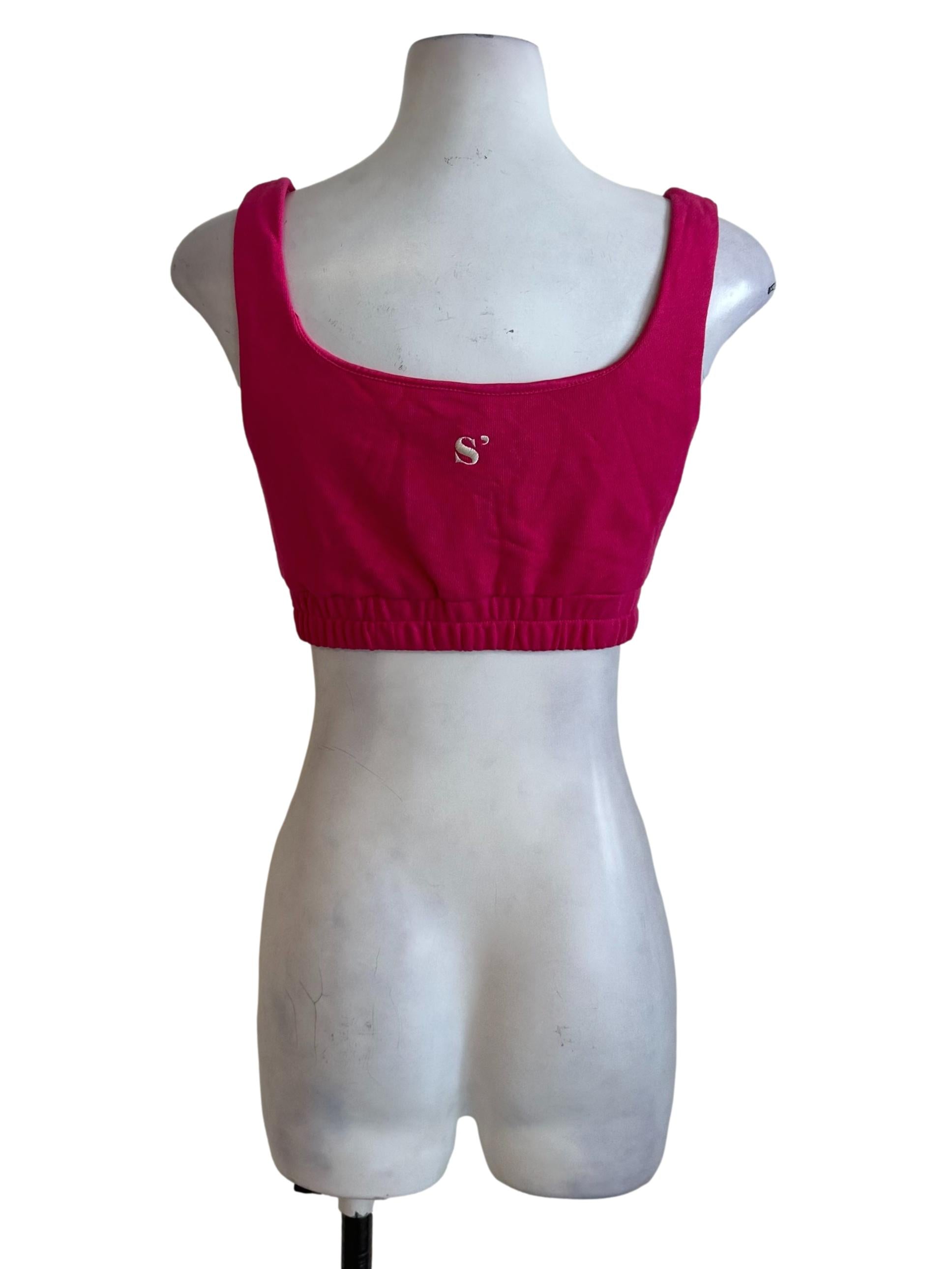 Fushia Pink Square Neck Back Embroidery Tank Top