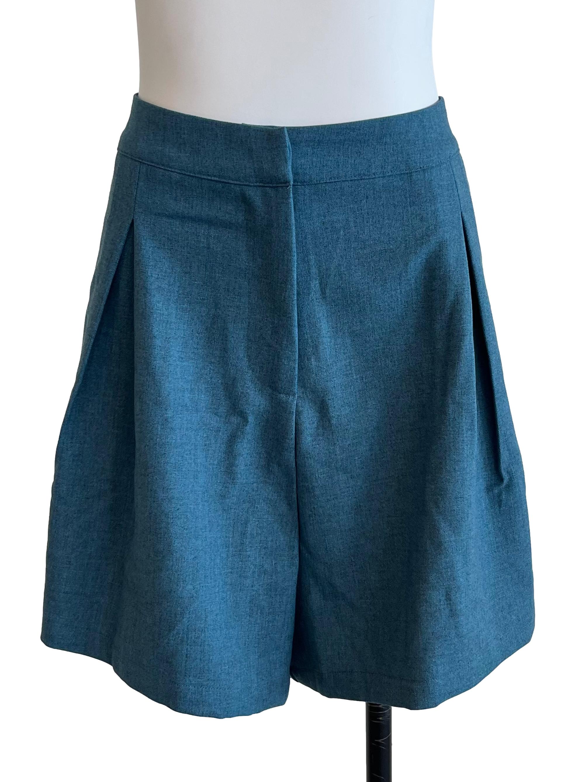 Pigeon Blue Side Pleats Shorts
