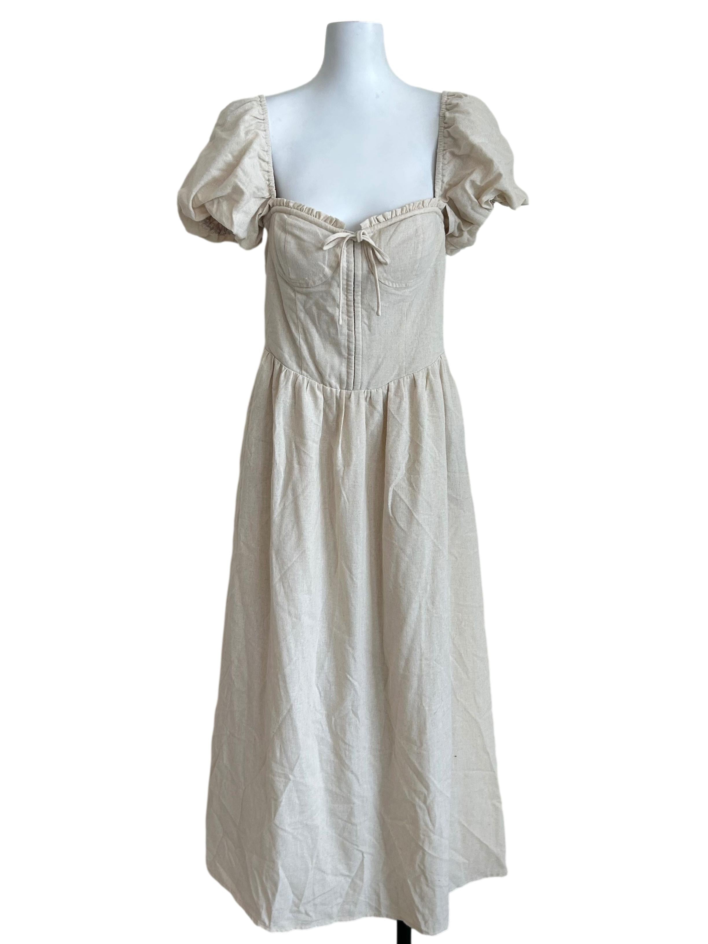 Beige Puff Sleeve Corset Dress