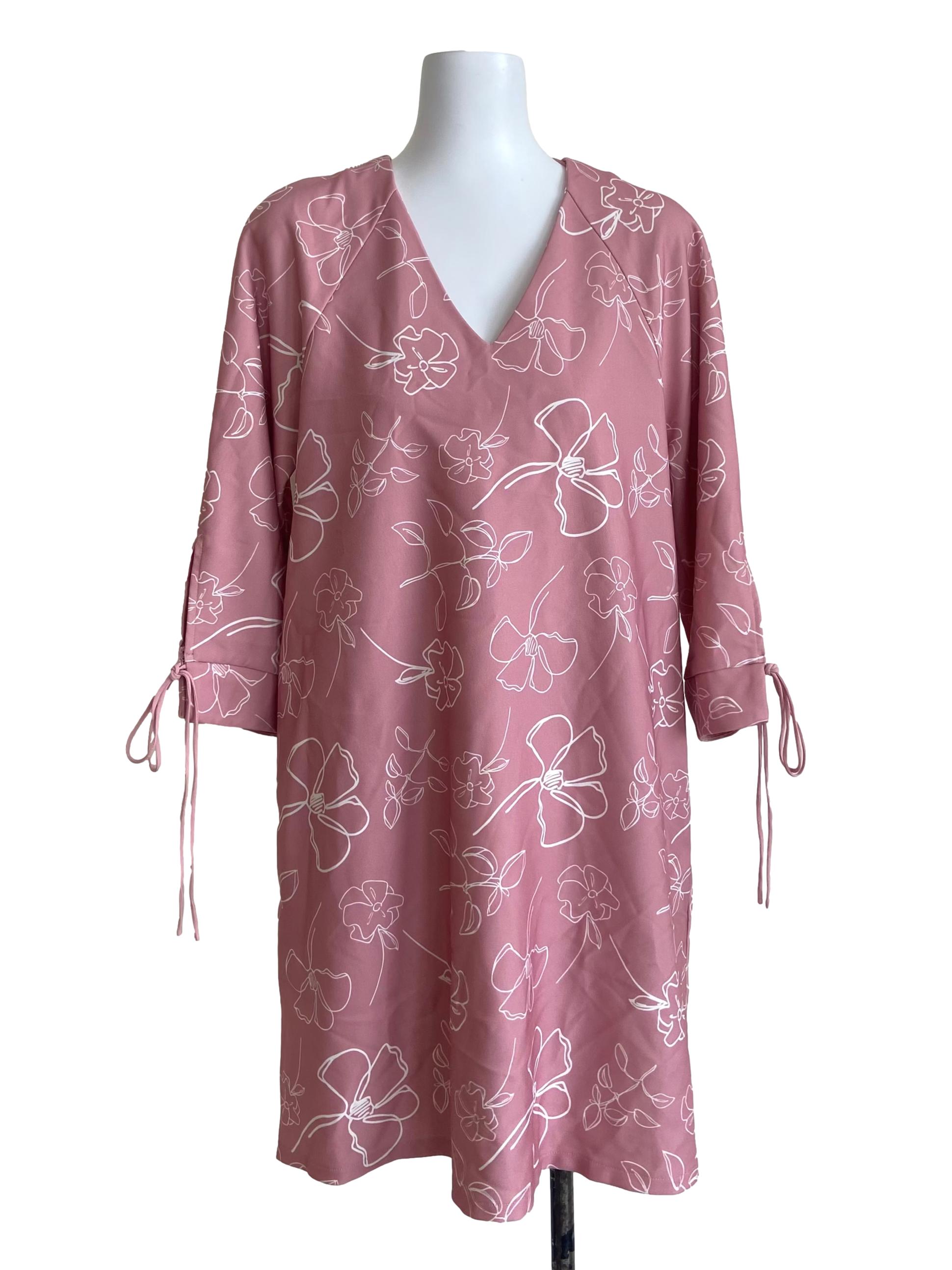 Rose Pink & White Floral V Neck Shift Dress