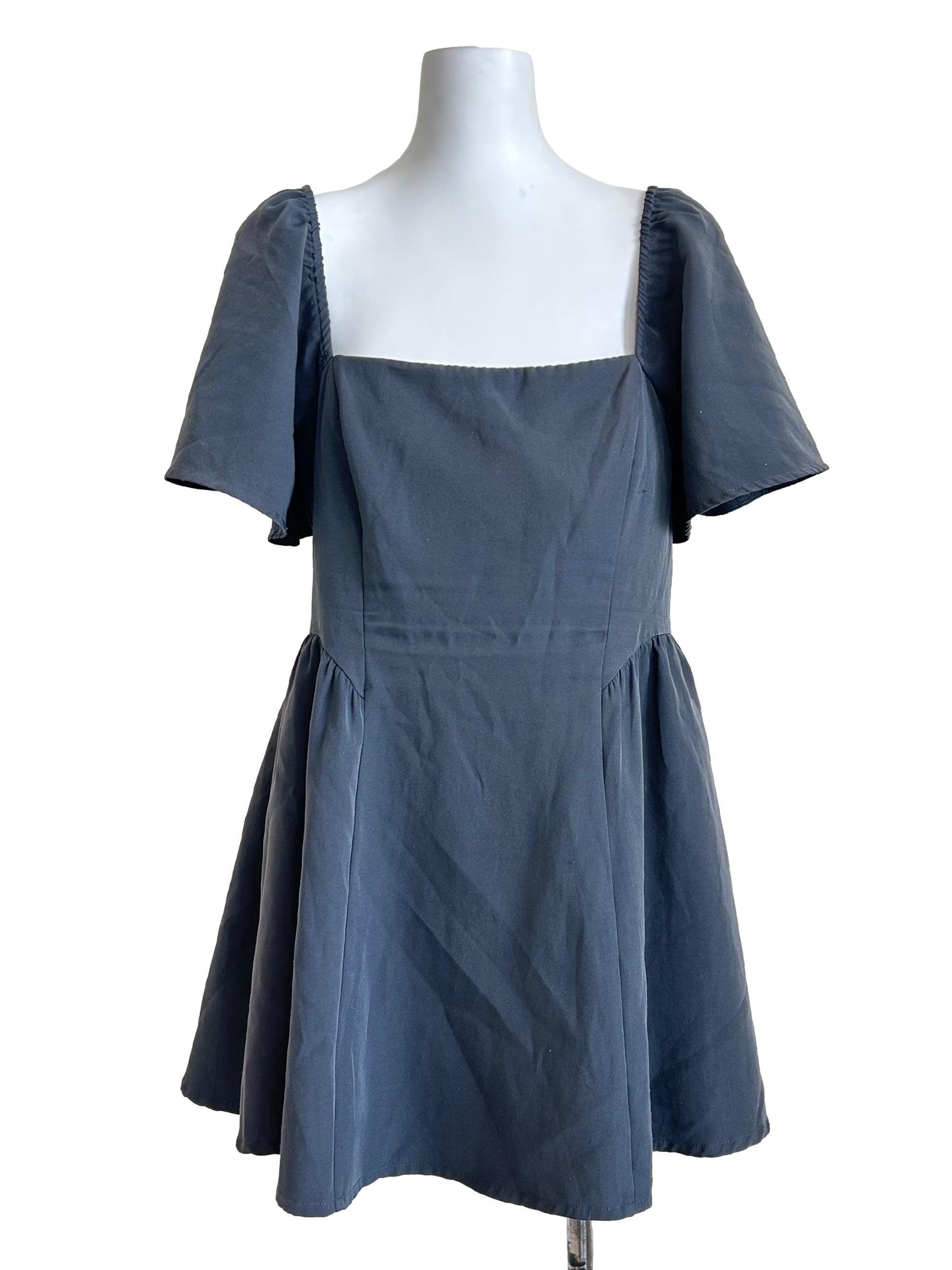 Grey Square Neck Flutter Dress