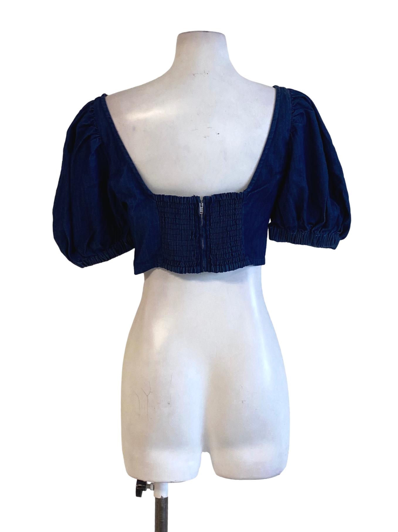 Denim Blue Tie Front Peasant Cropped Top LB