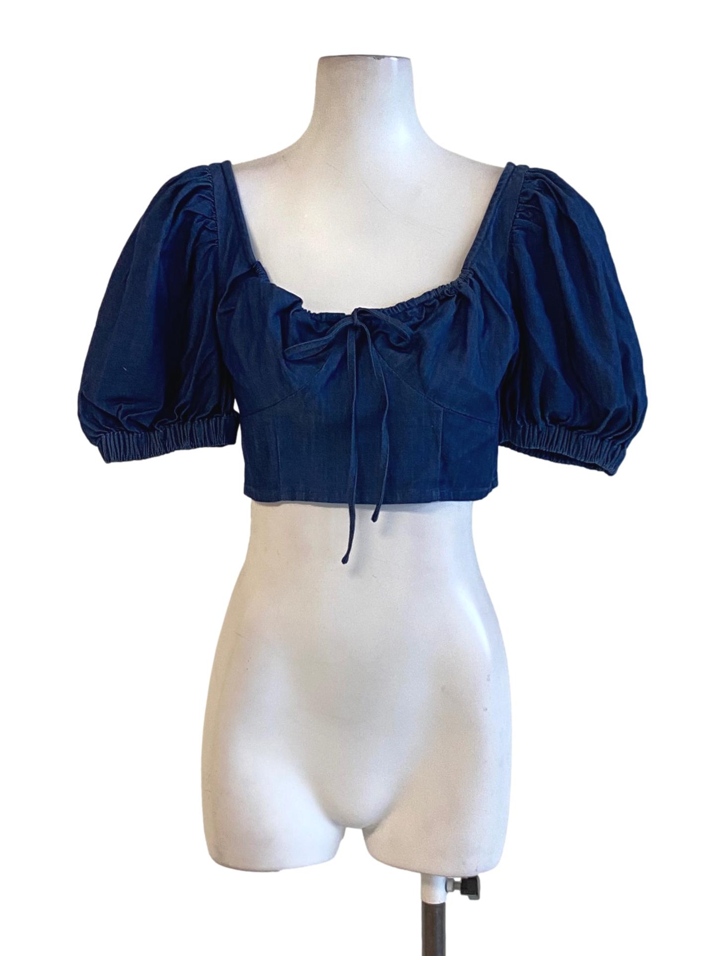 Denim Blue Tie Front Peasant Cropped Top LB