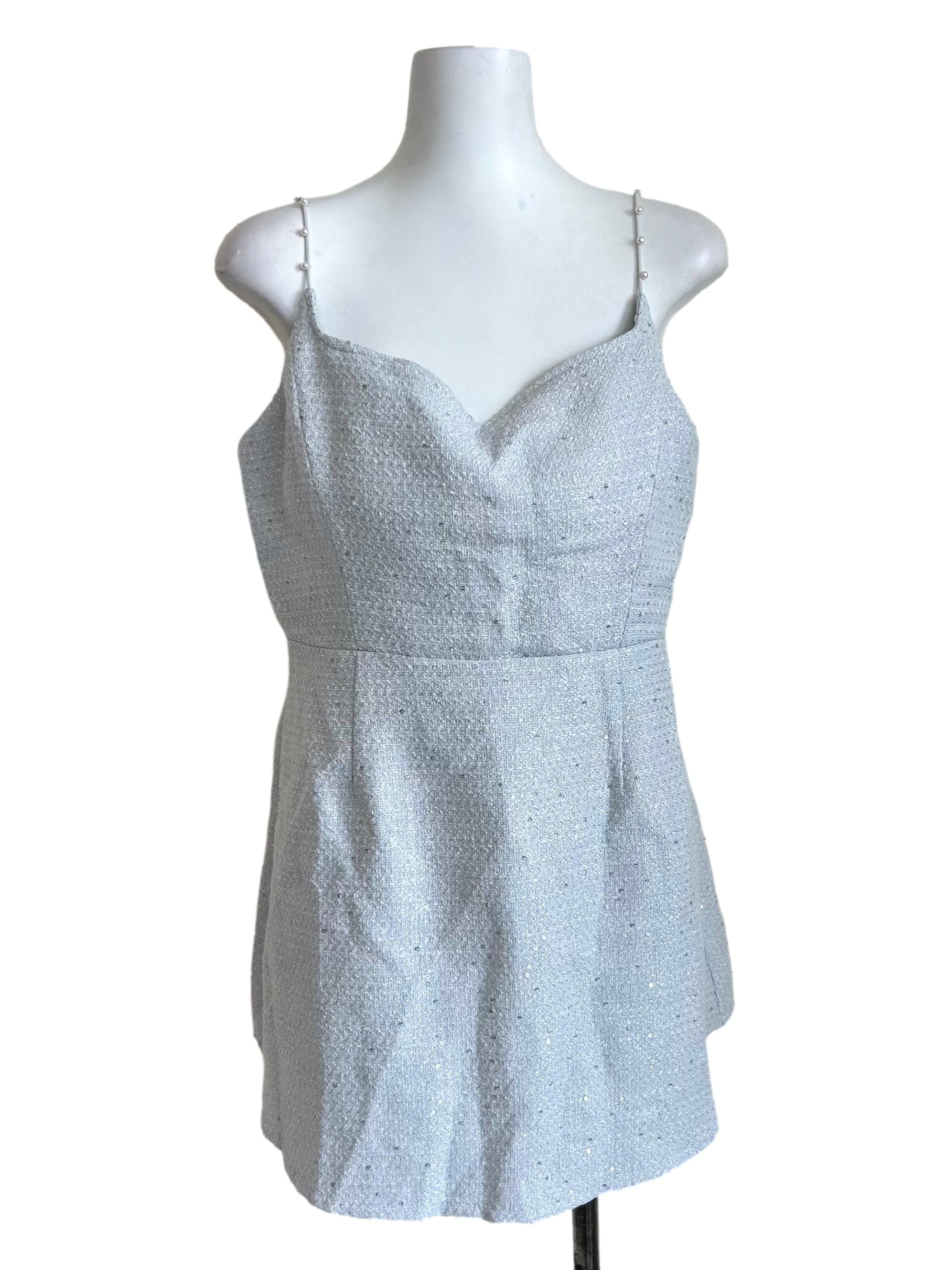 Baby Blue Tweed Pearl Strap Dress