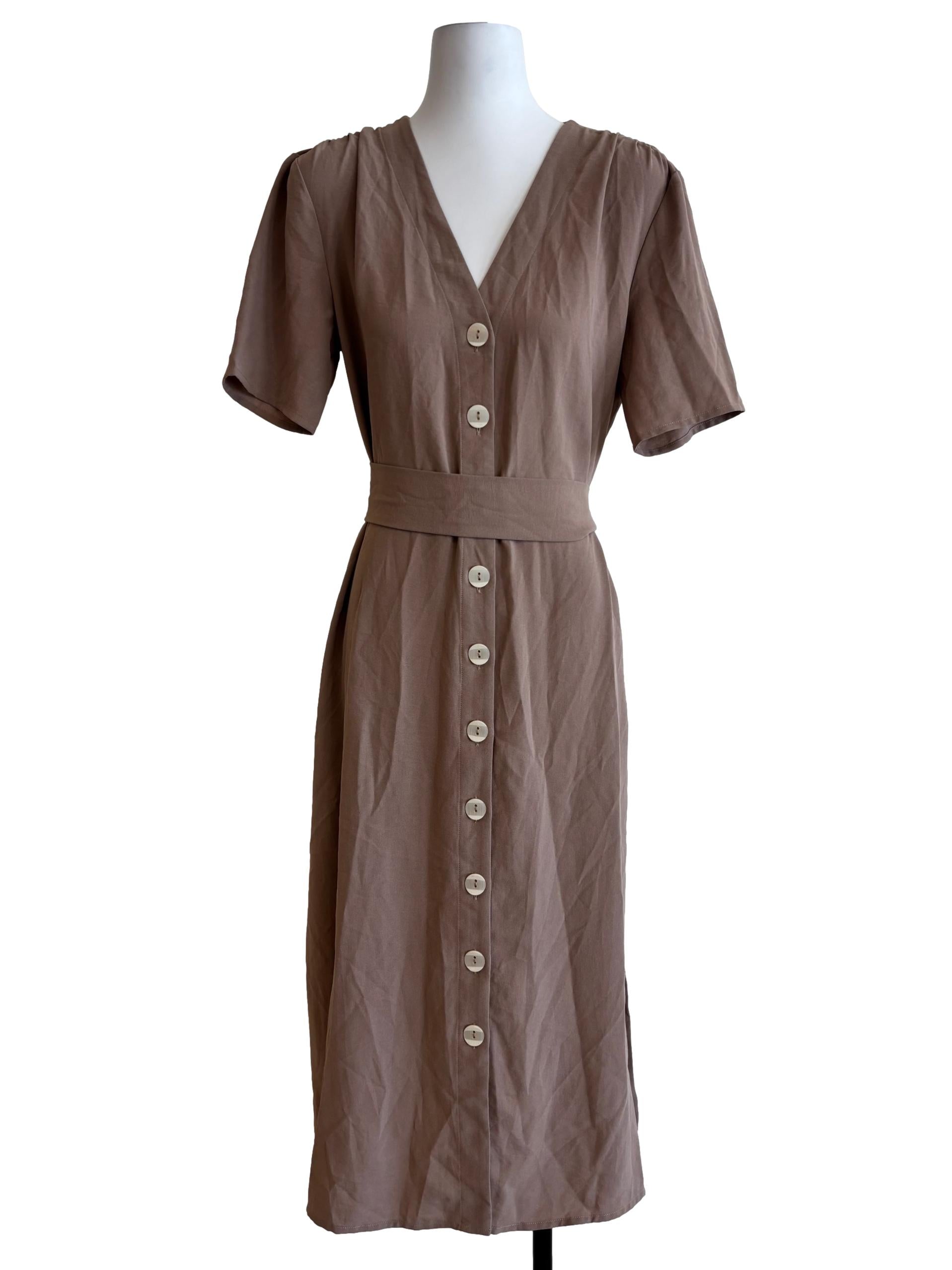 Brown V-Neck Button Down Dress OSN