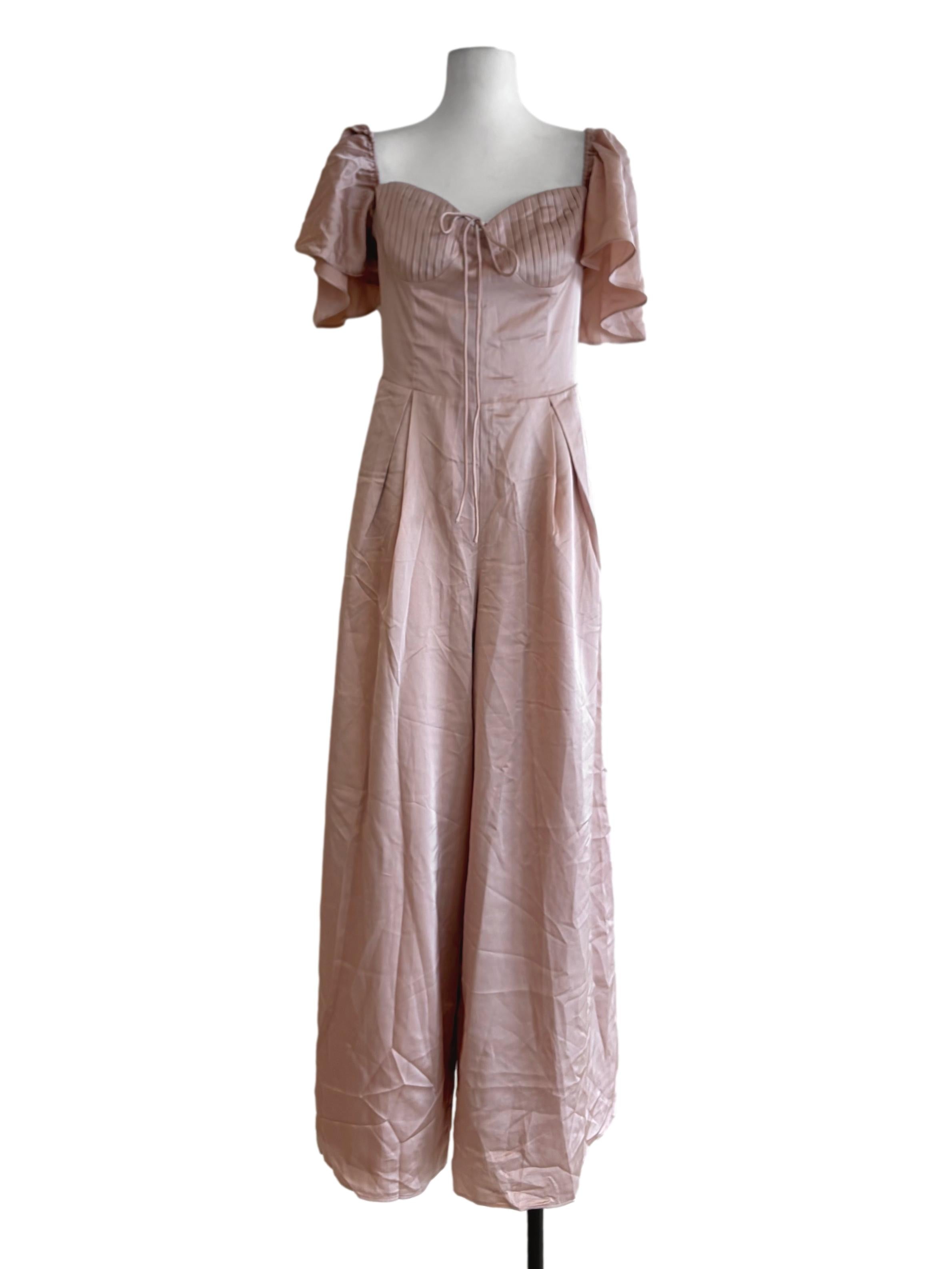 Blush Pink Pleated Bustier Bodice Flutter Sleeve Jumpsuit