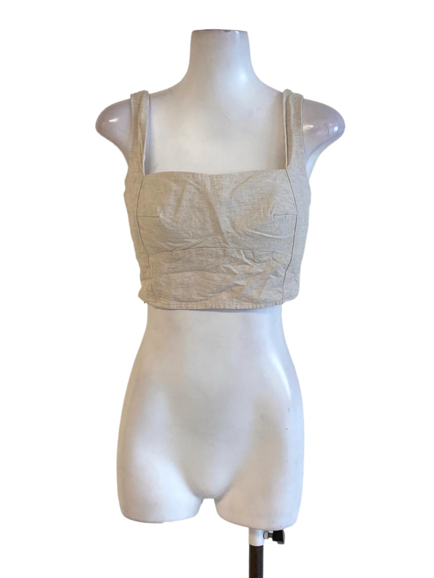 Beige Brown Square Neck Lined Cropped Top