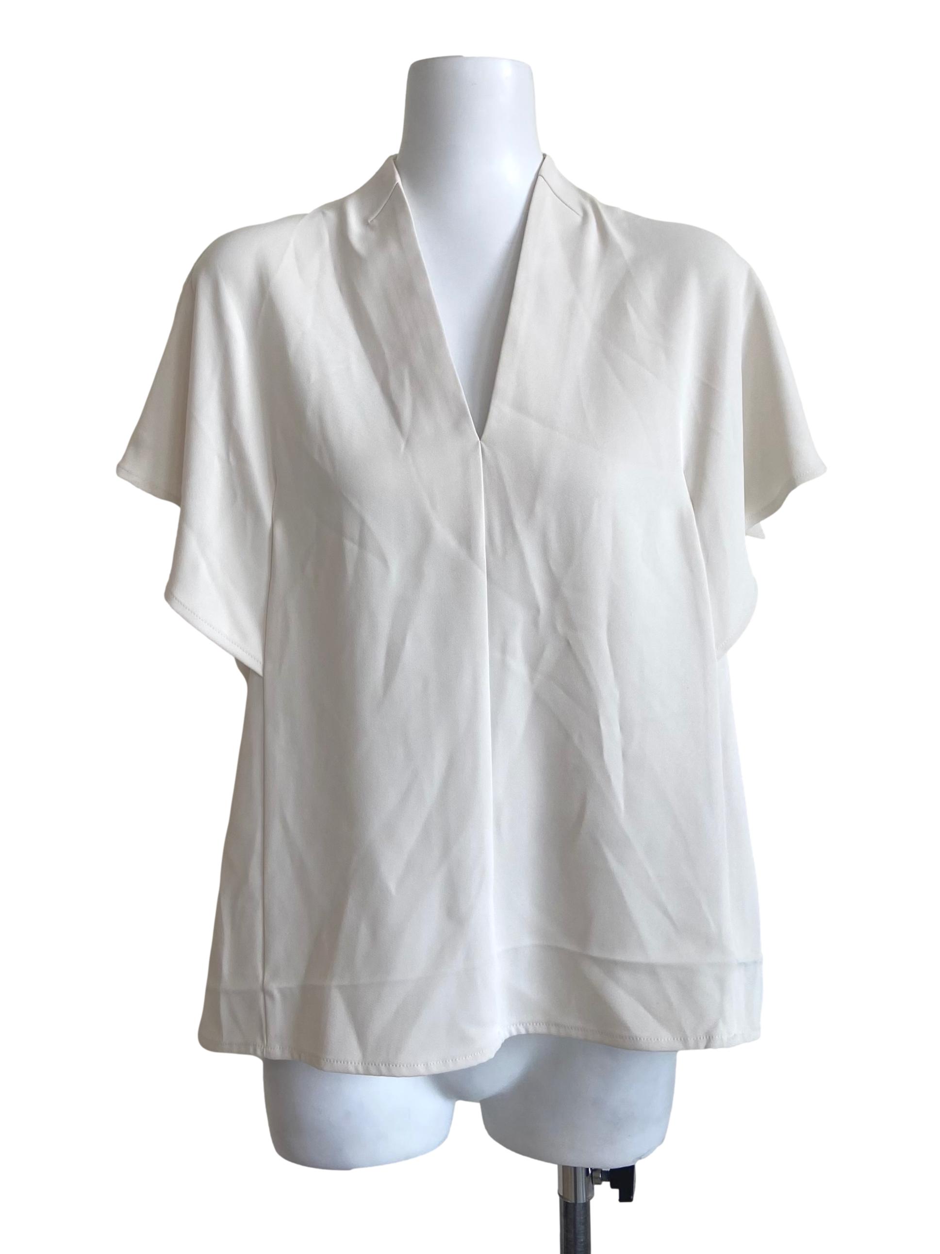 Powder White V Neck Twill Blouse