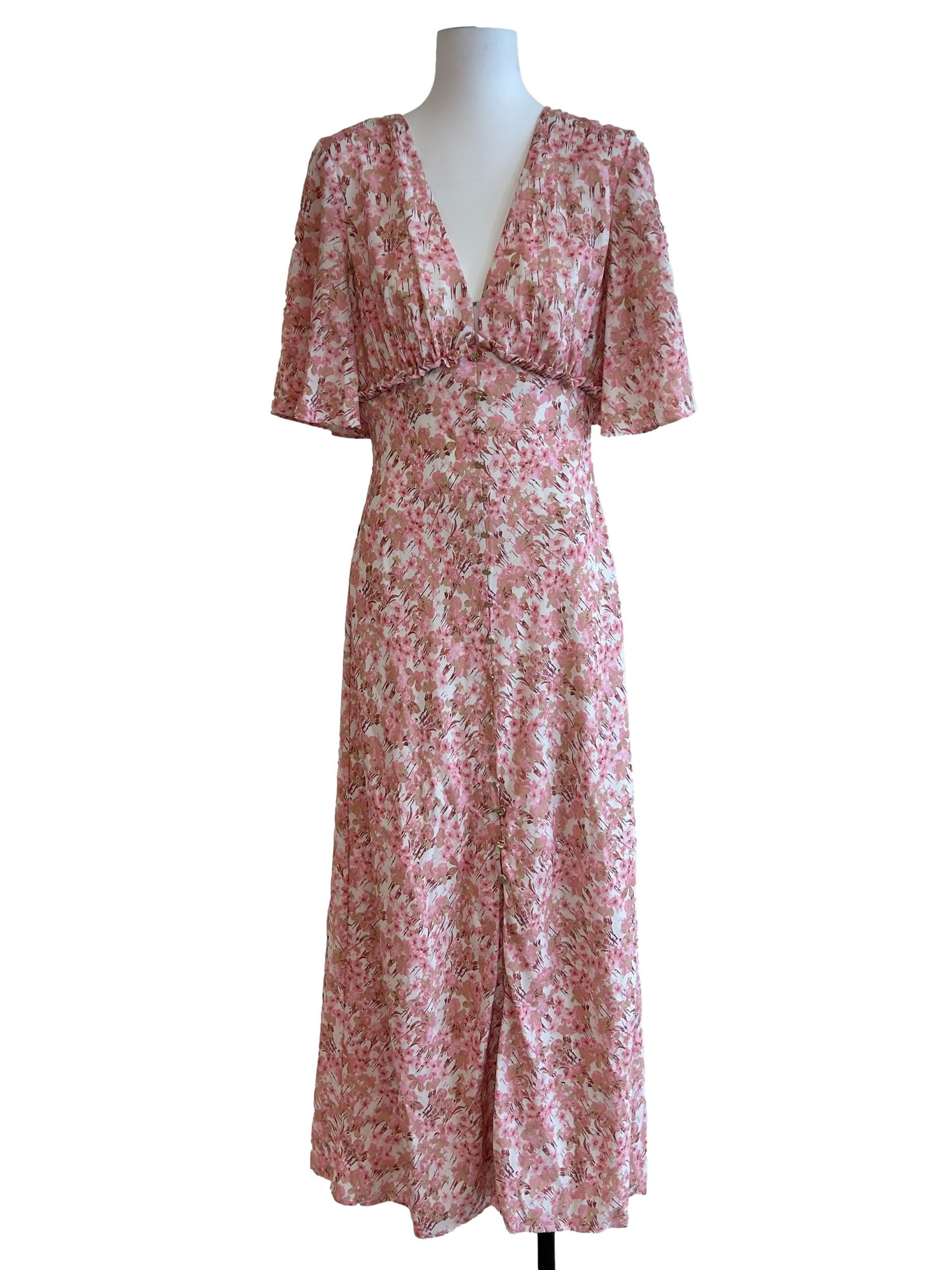 Rose Pink Floral V-Neck Dress