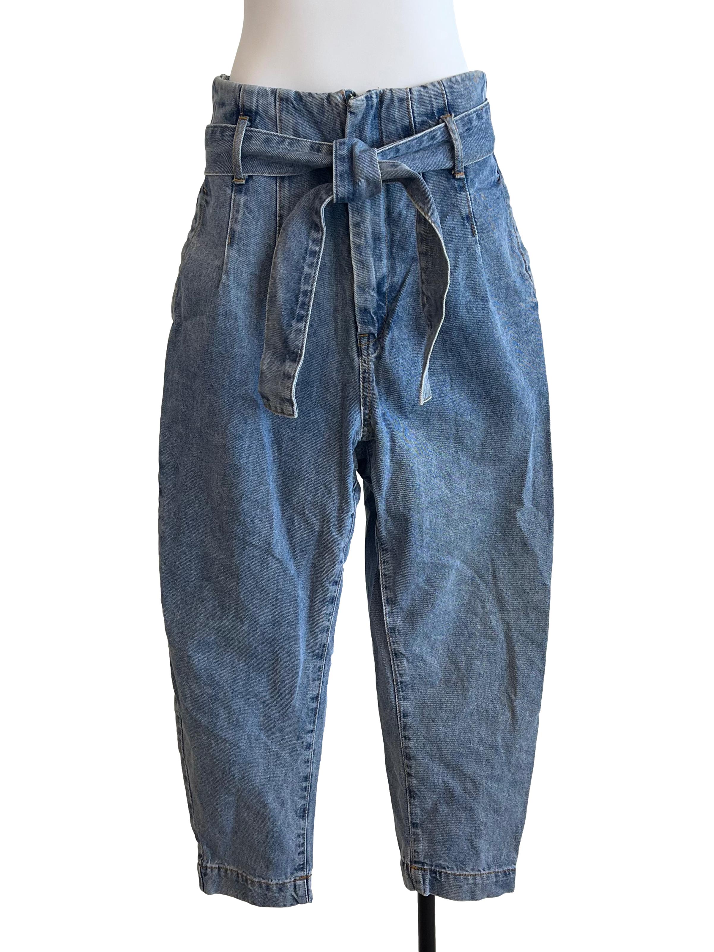 Blue Mid Washed Paperbag Jeans