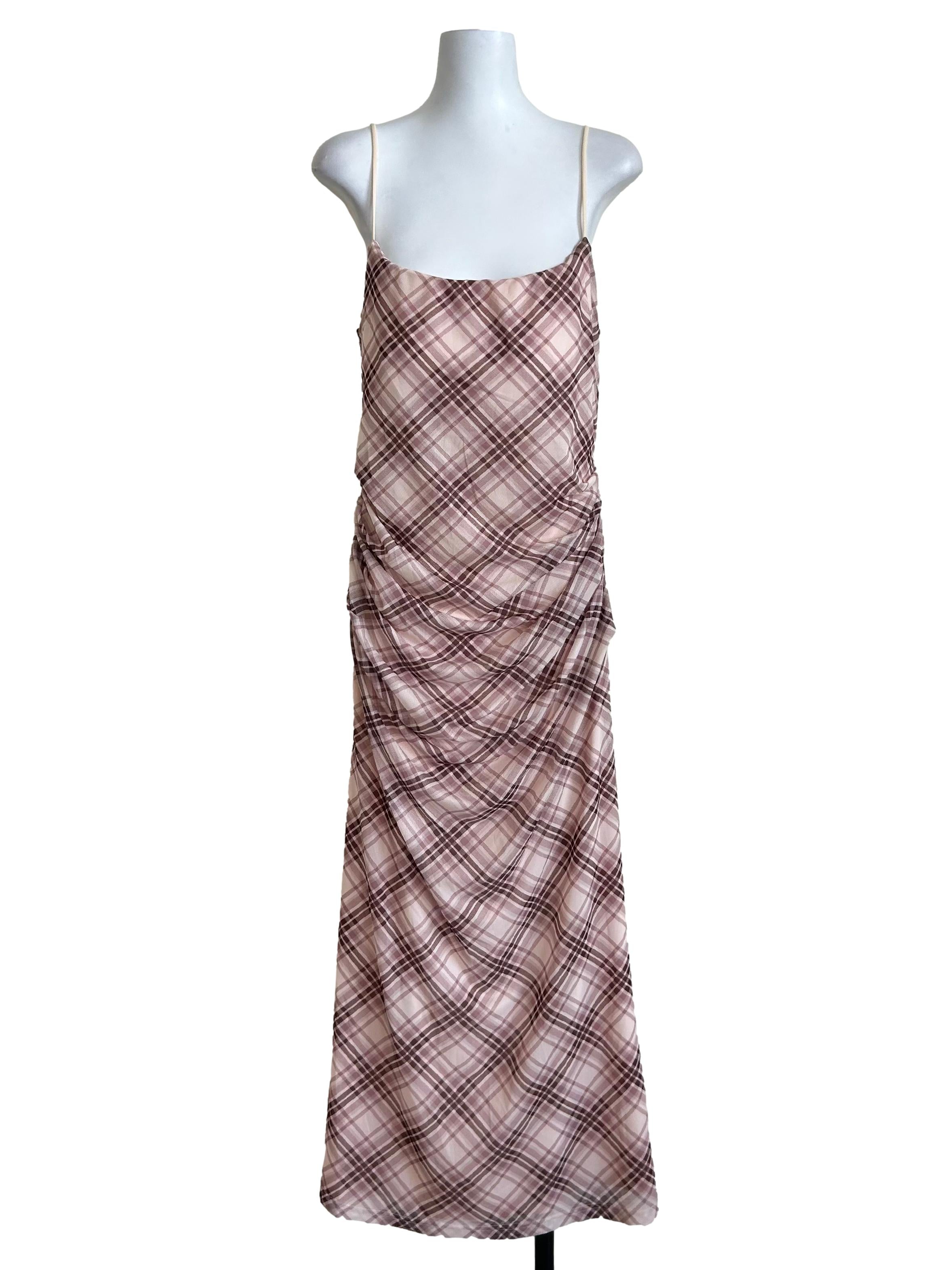 Crepe Pink Plaid Ruched Cami Dress