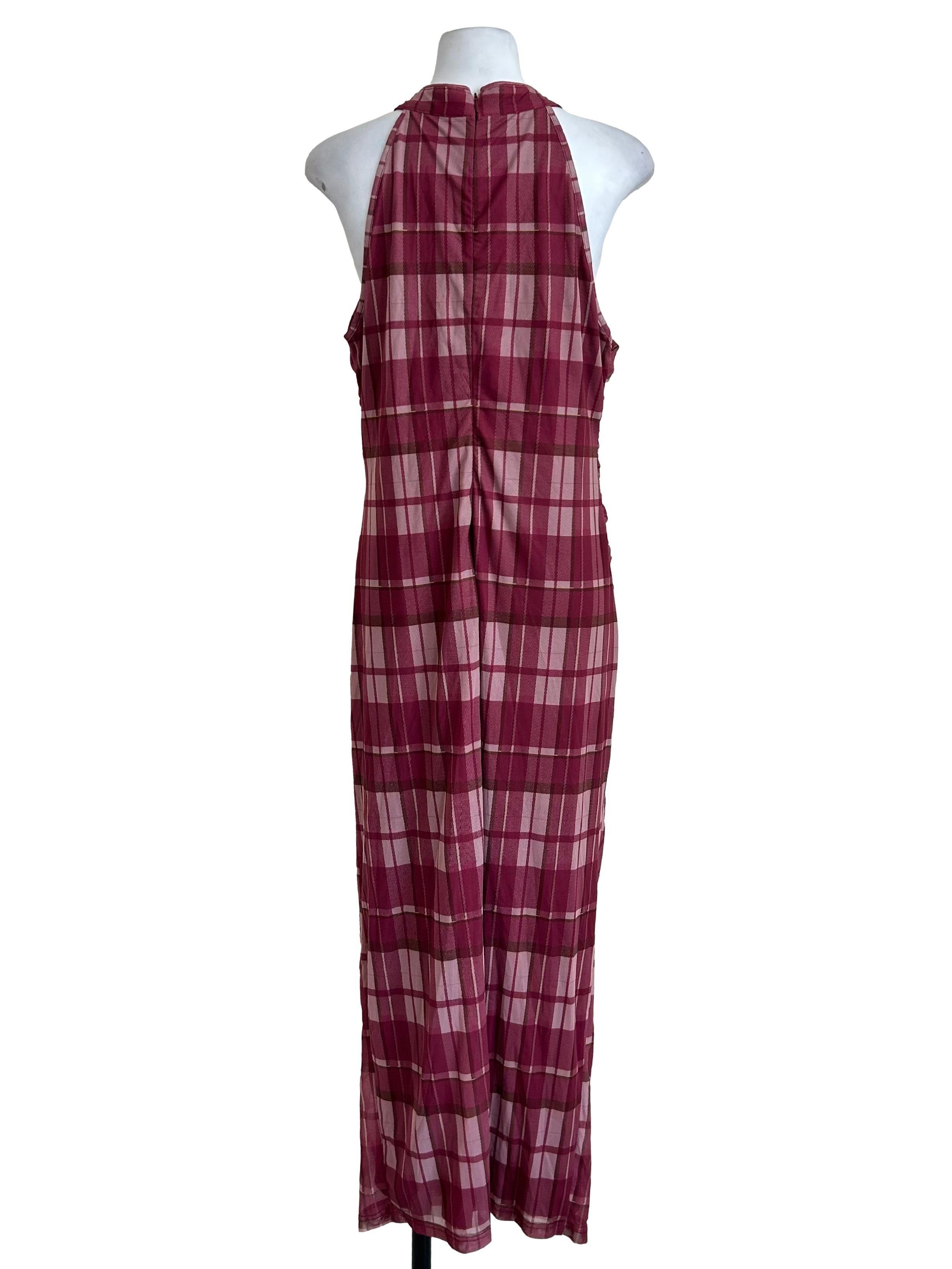 Magenta Plaid Ruched Halter Dress