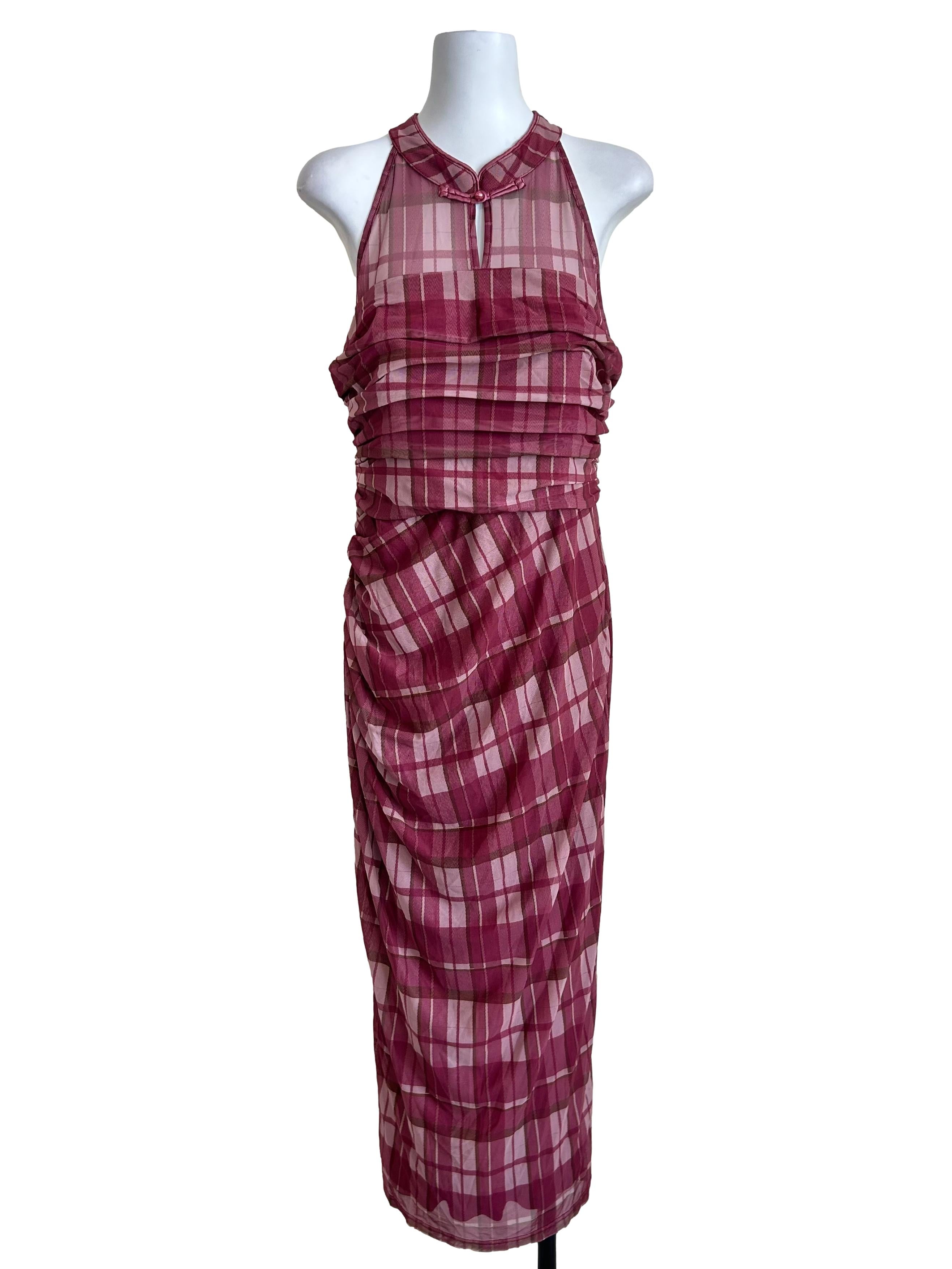 Magenta Plaid Ruched Halter Dress