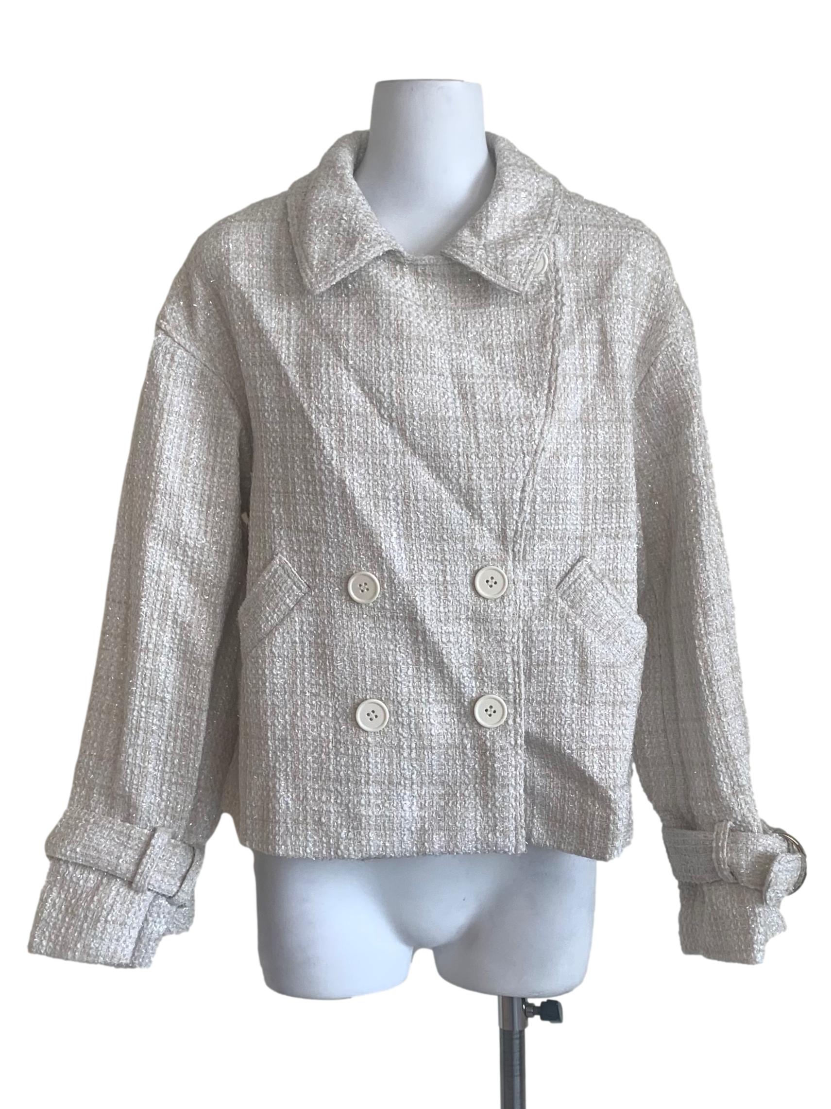 Parchment Beige Tweed Double Breasted Blazer