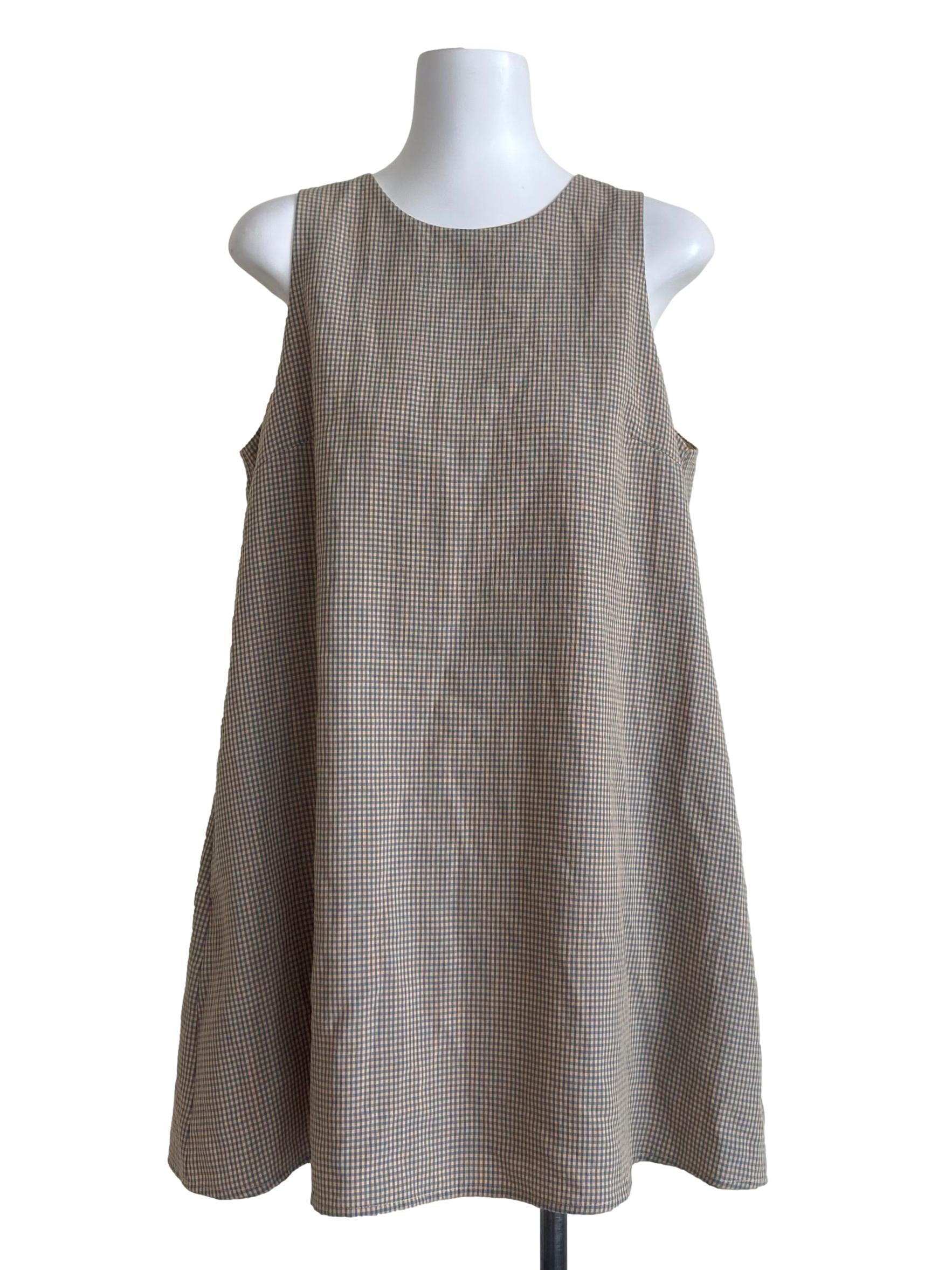 Brownish Orange & Blue Plaid Sleeveless Shift Dress
