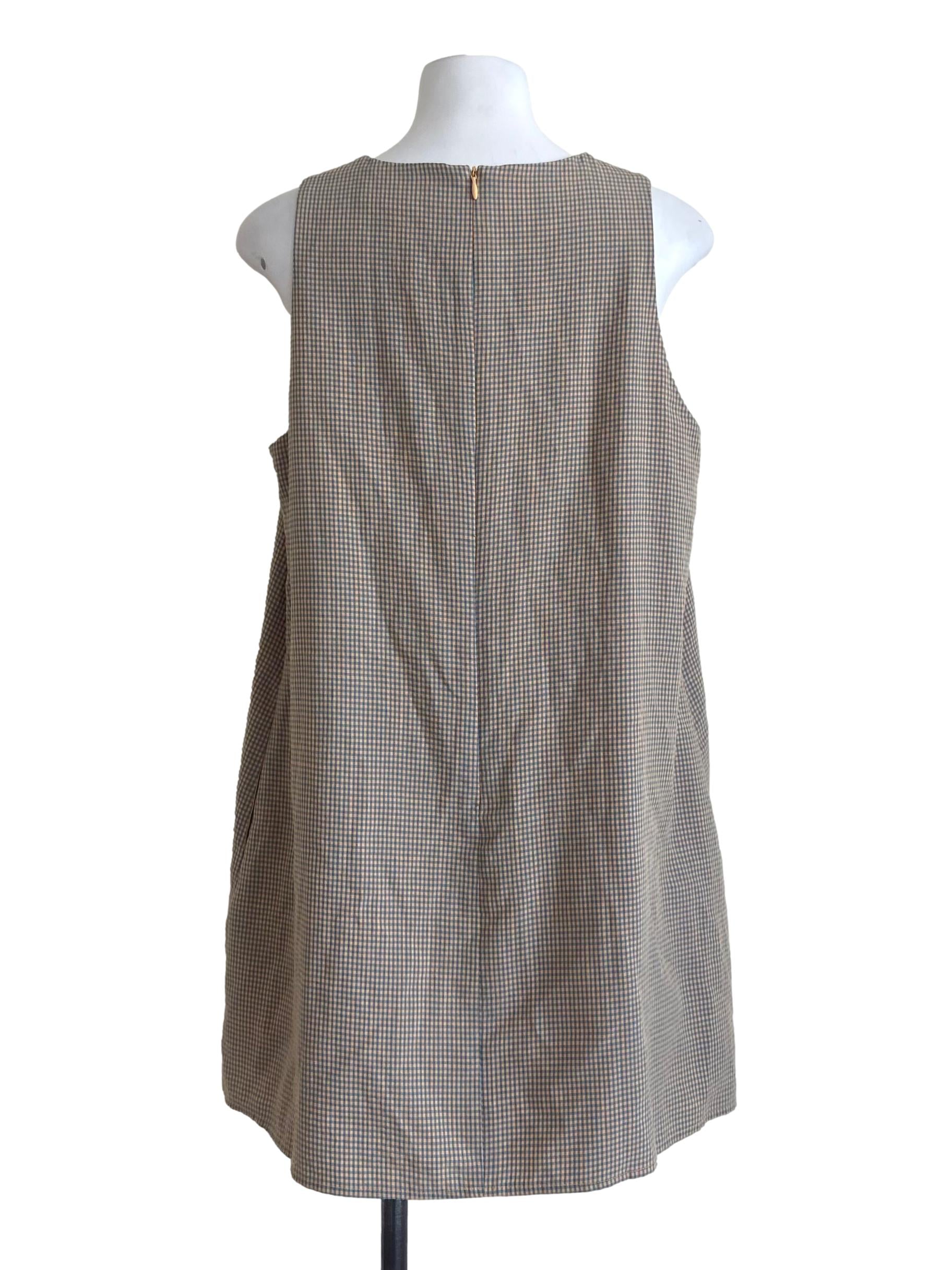 Brownish Orange & Blue Plaid Sleeveless Shift Dress