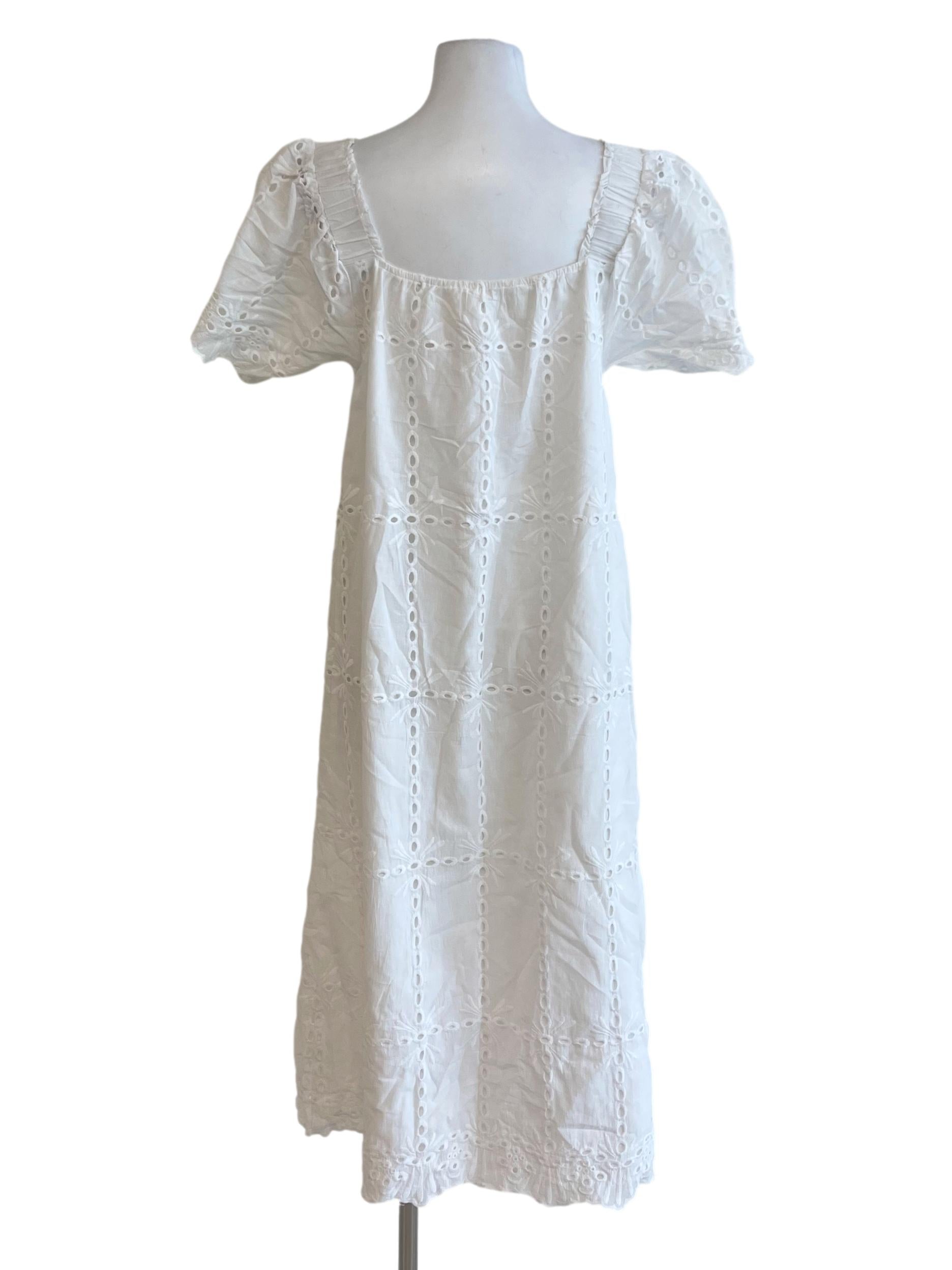 White Eyelet Embroidered Peasant Sleeve Shift Dress