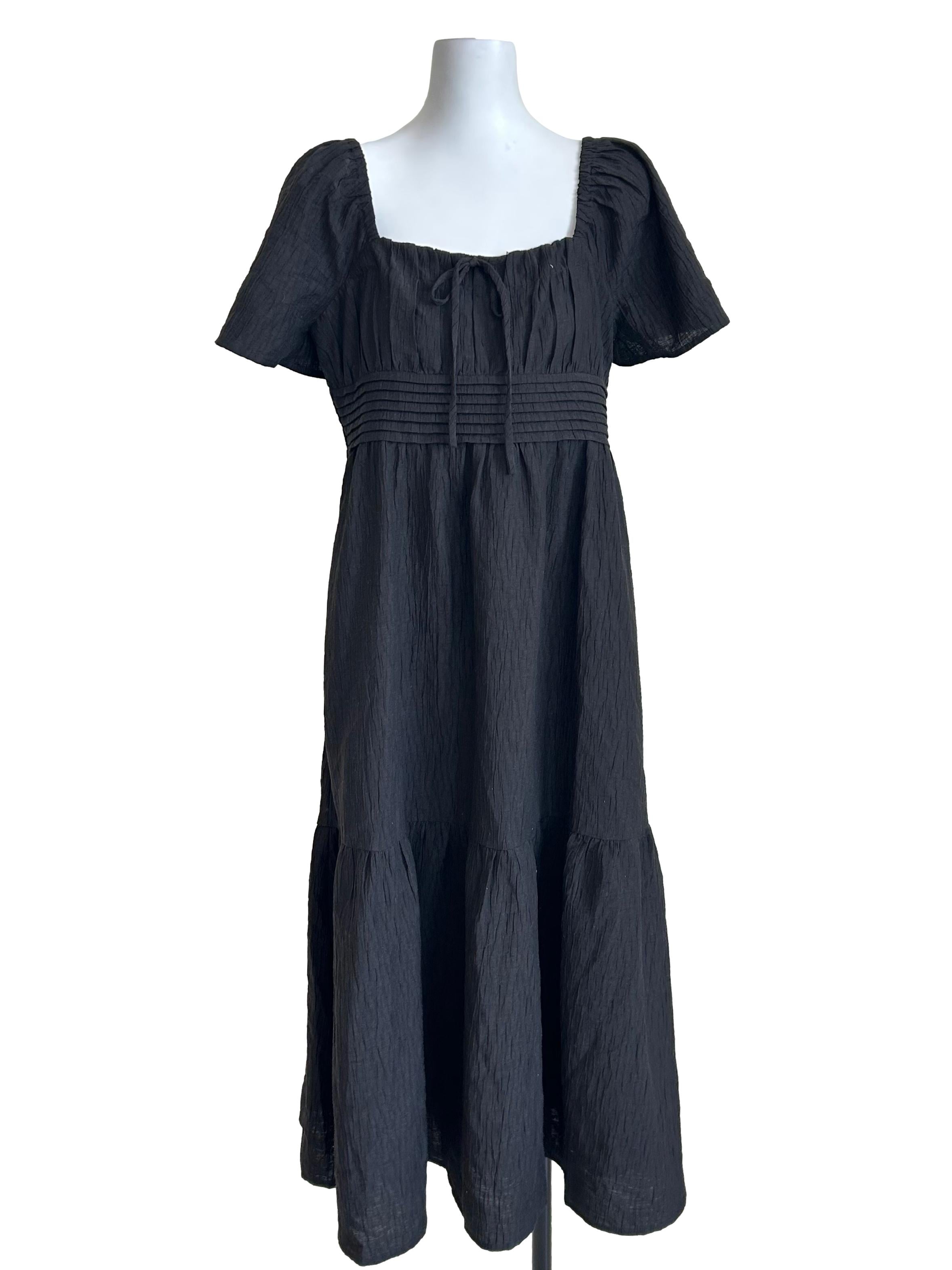 Black Smocked Tiered Midi Dress