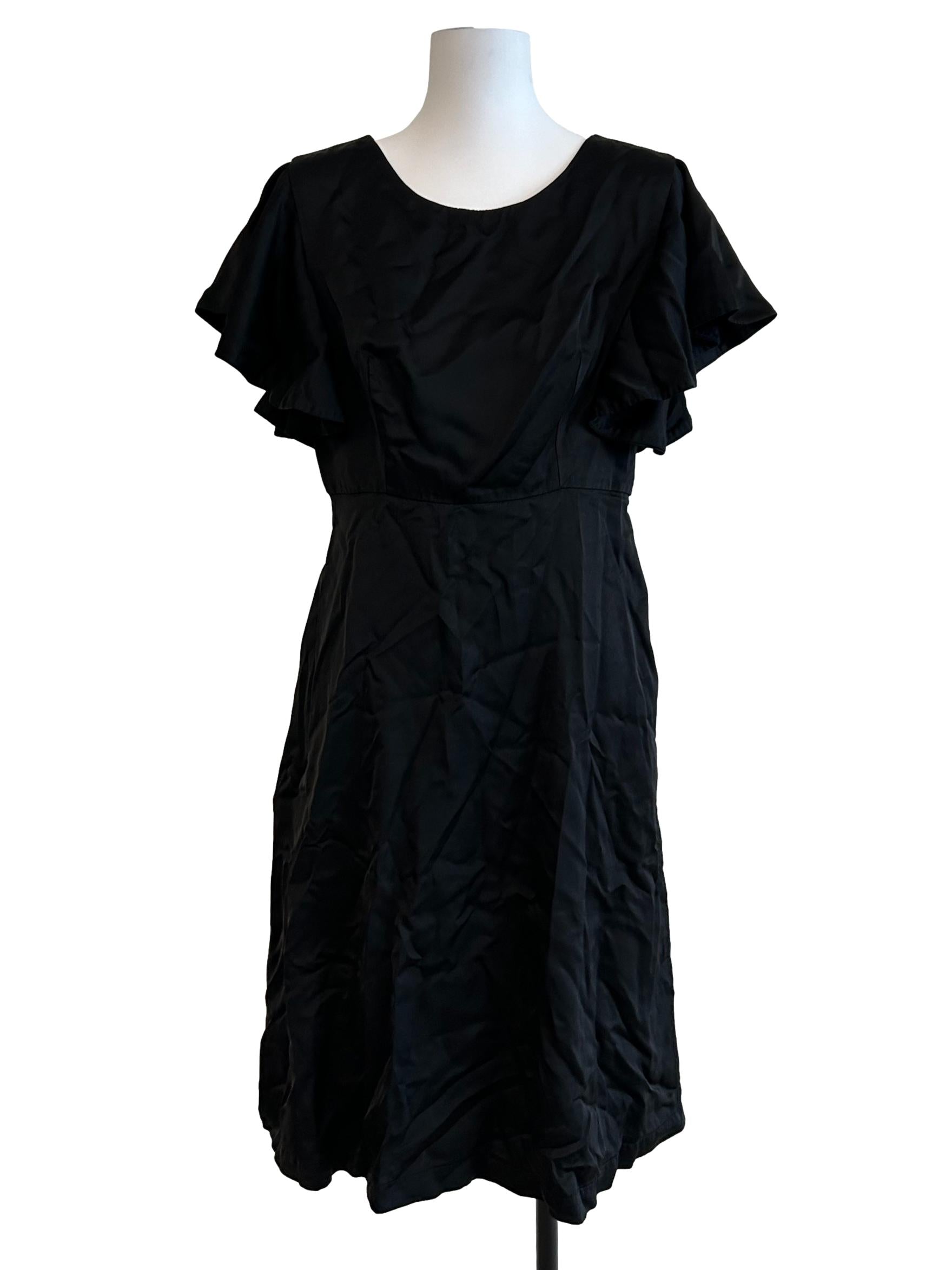 Glossy Black Short Sleeve Ruffled Dress