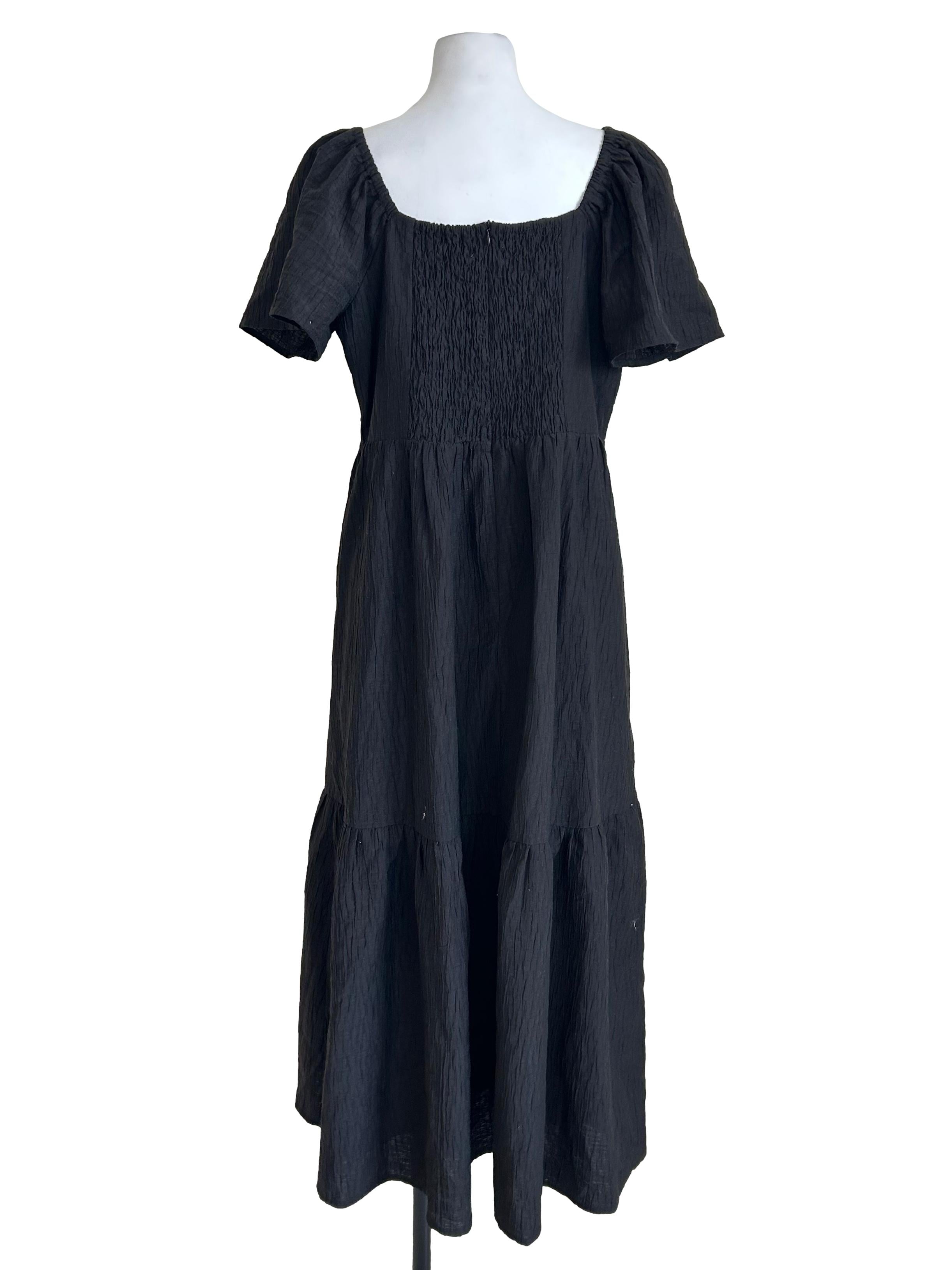 Black Smocked Tiered Midi Dress