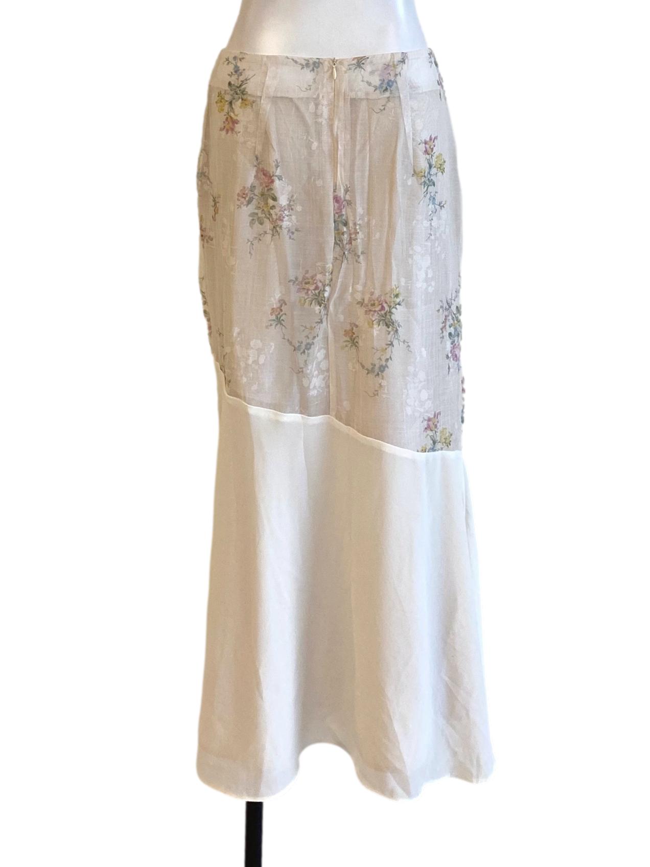 Cream White Floral Asymmetrical Mesh Skirt