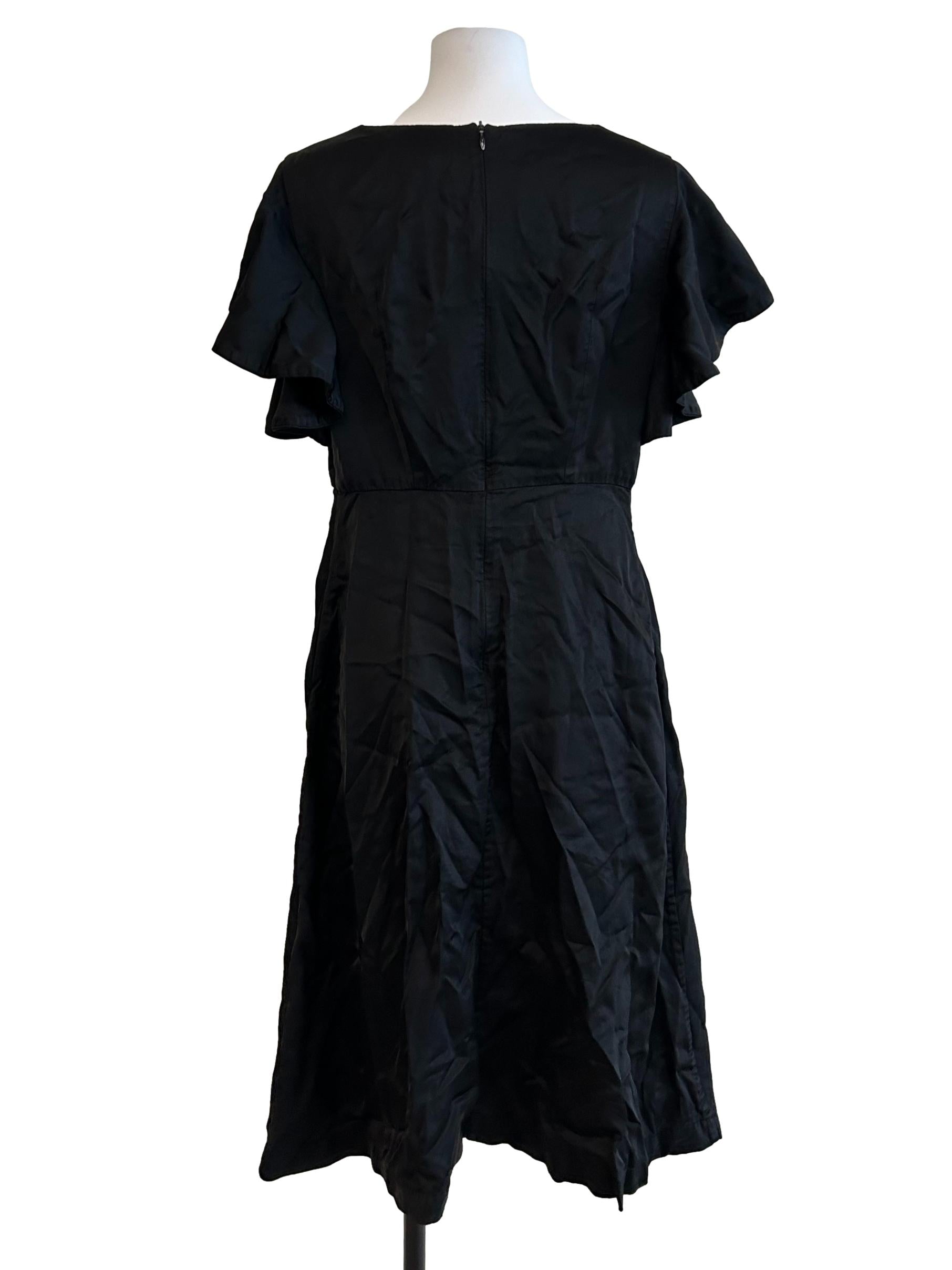Glossy Black Short Sleeve Ruffled Dress