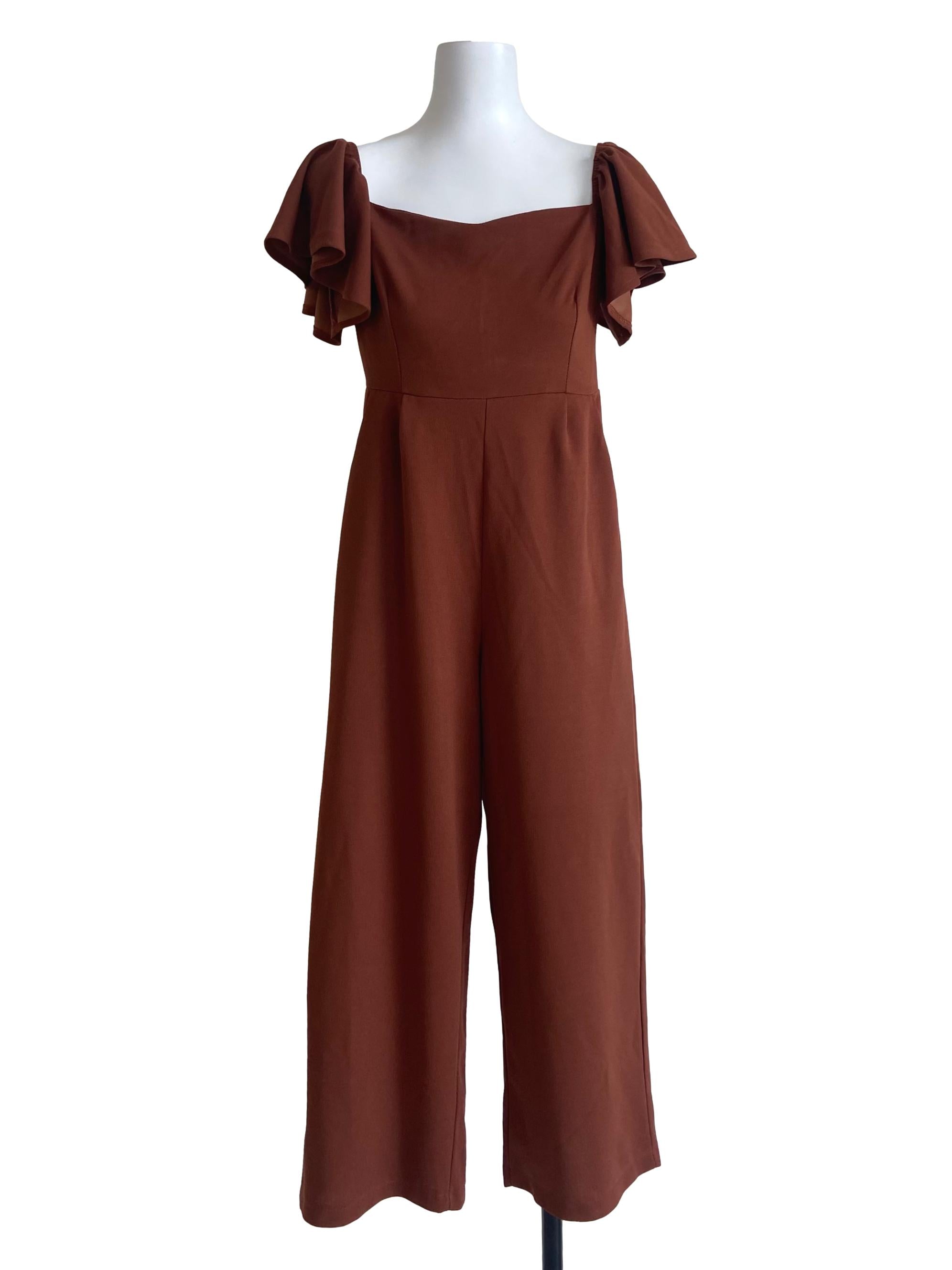 Tawny Brown Square Neck Twill Jumpsuit
