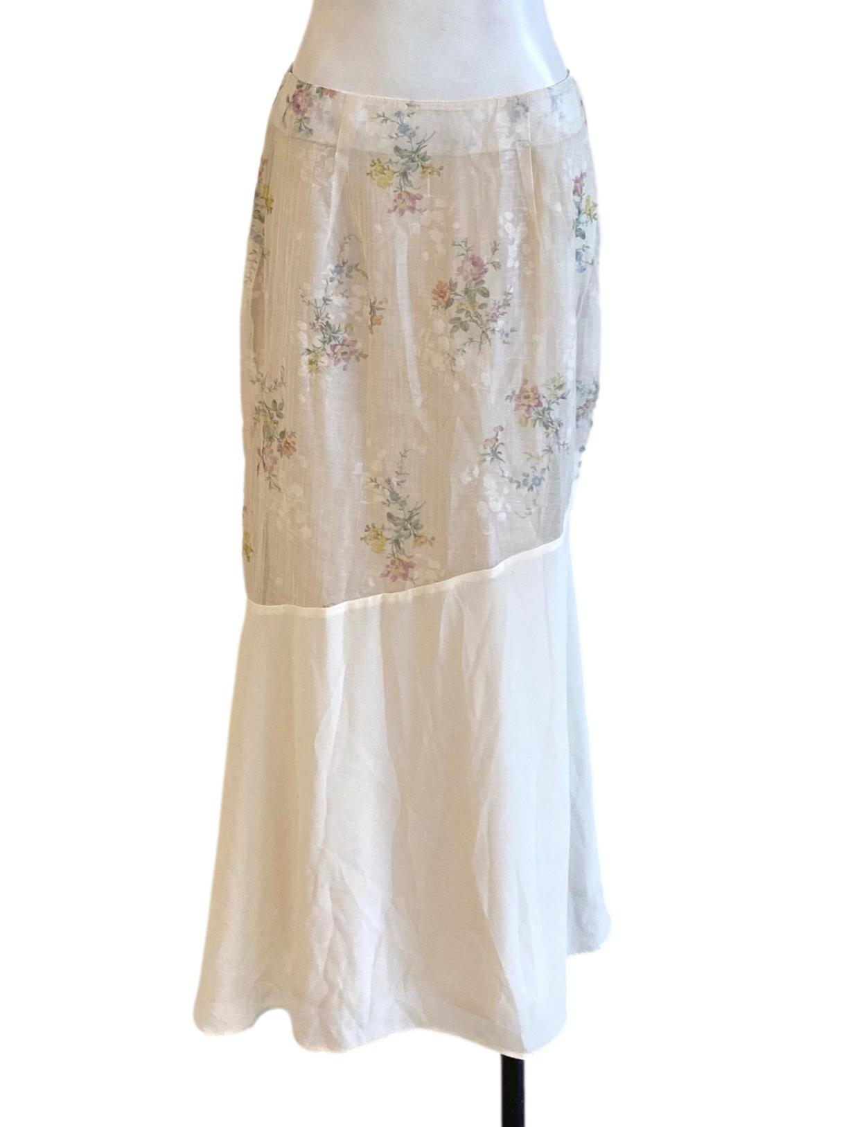 Cream White Floral Asymmetrical Mesh Skirt
